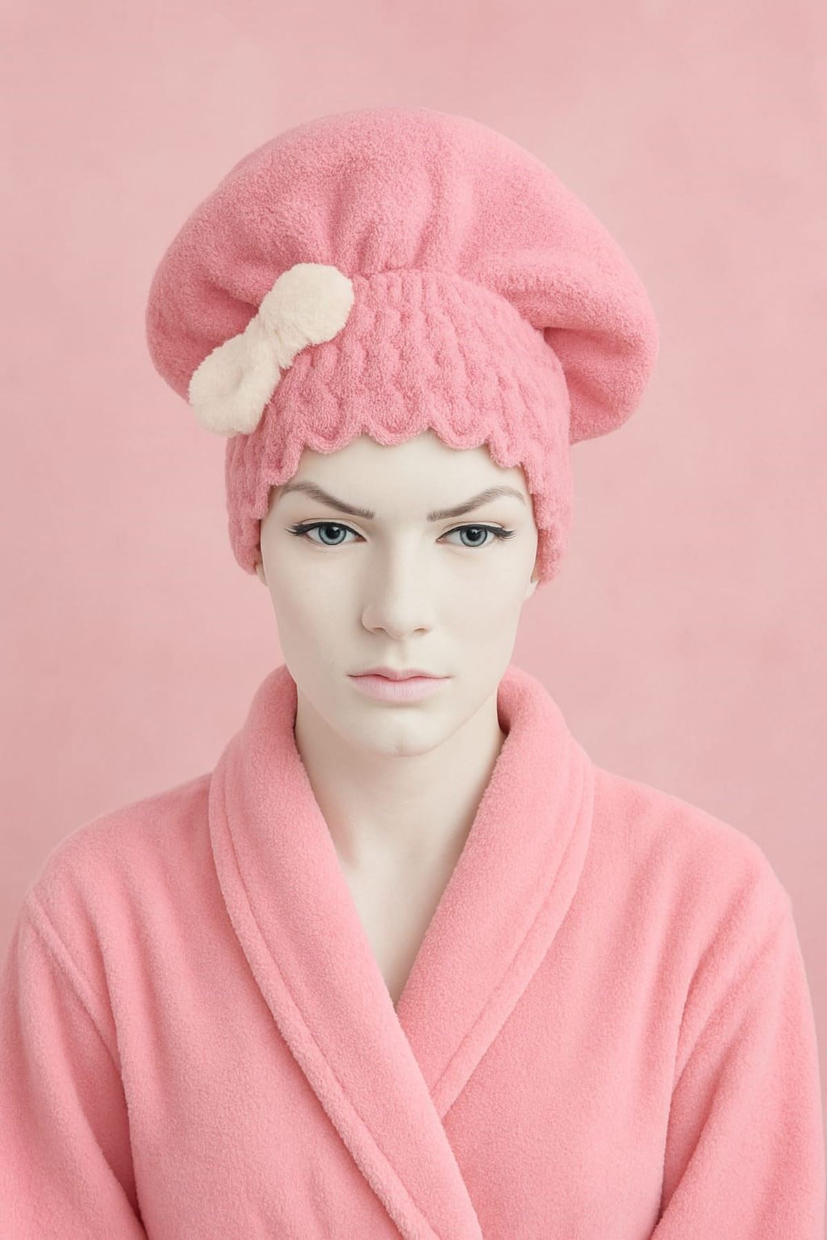 Saç Kurulama Banyo Duş Bonesi – %100 Pamuk , Fiyonklu Pembe