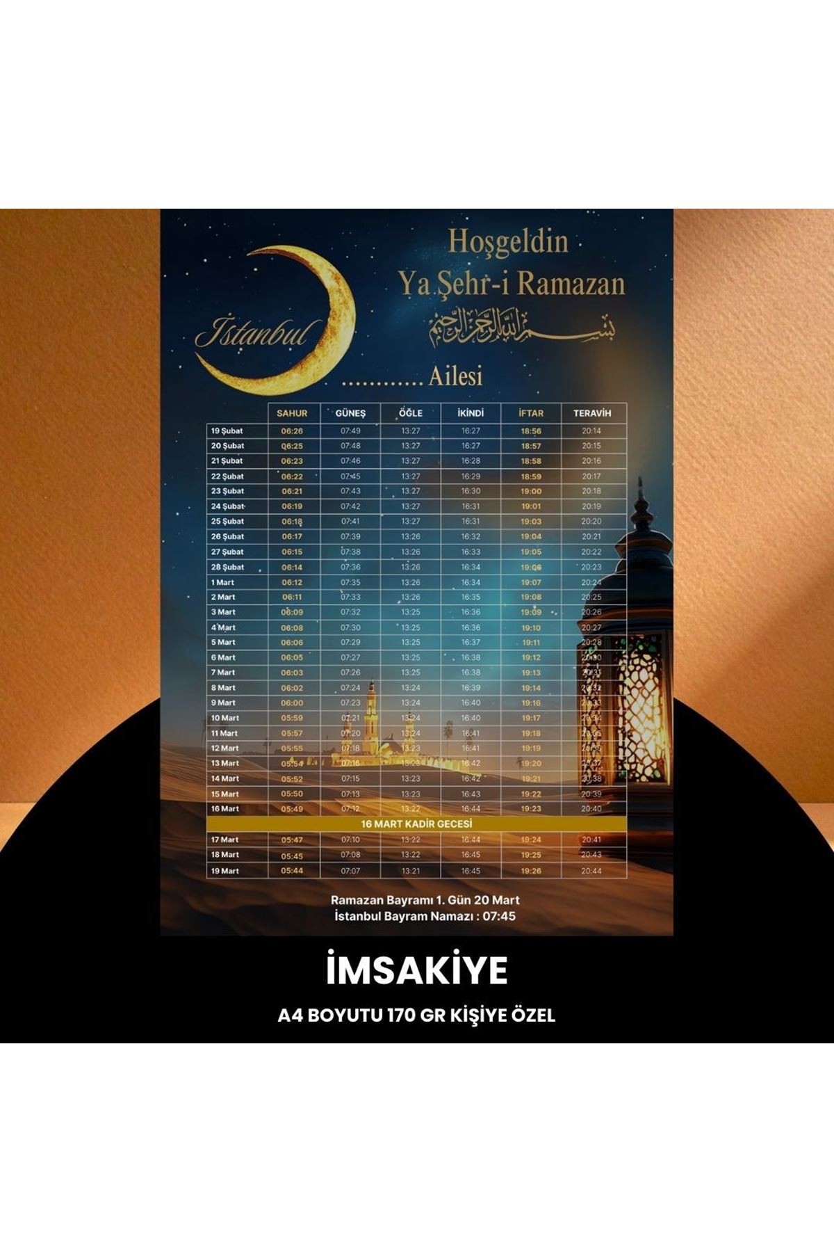 Ramazan İmsakiyesi - 170 Gr - A4 Boyut Kişiye Özel İsimli & Logolu 100 Adet Çöl