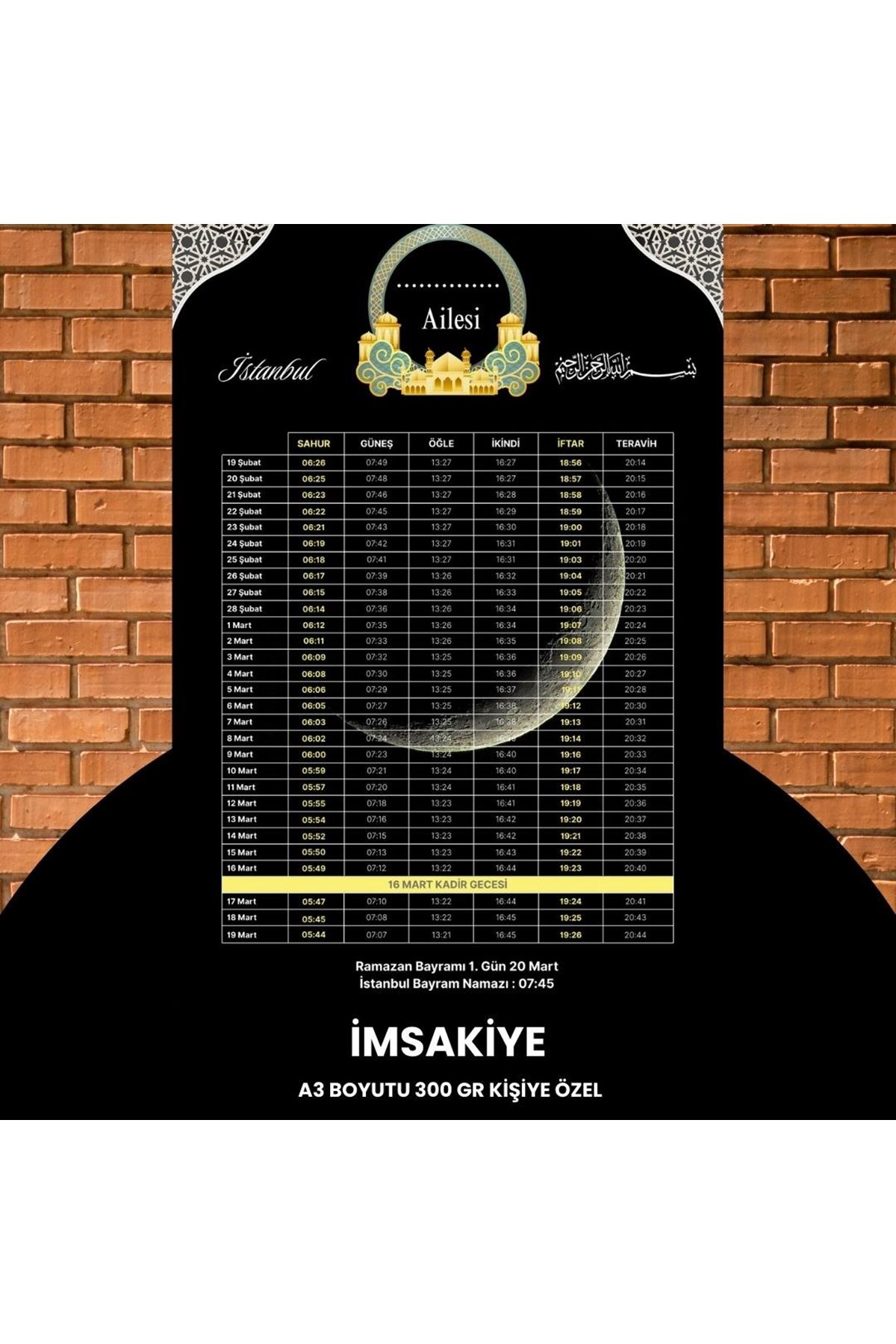 Ramazan İmsakiyesi - 300 Gr - A3 Boyut Kişiye Özel İsimli & Logolu 1 Adet Siyah-sarı