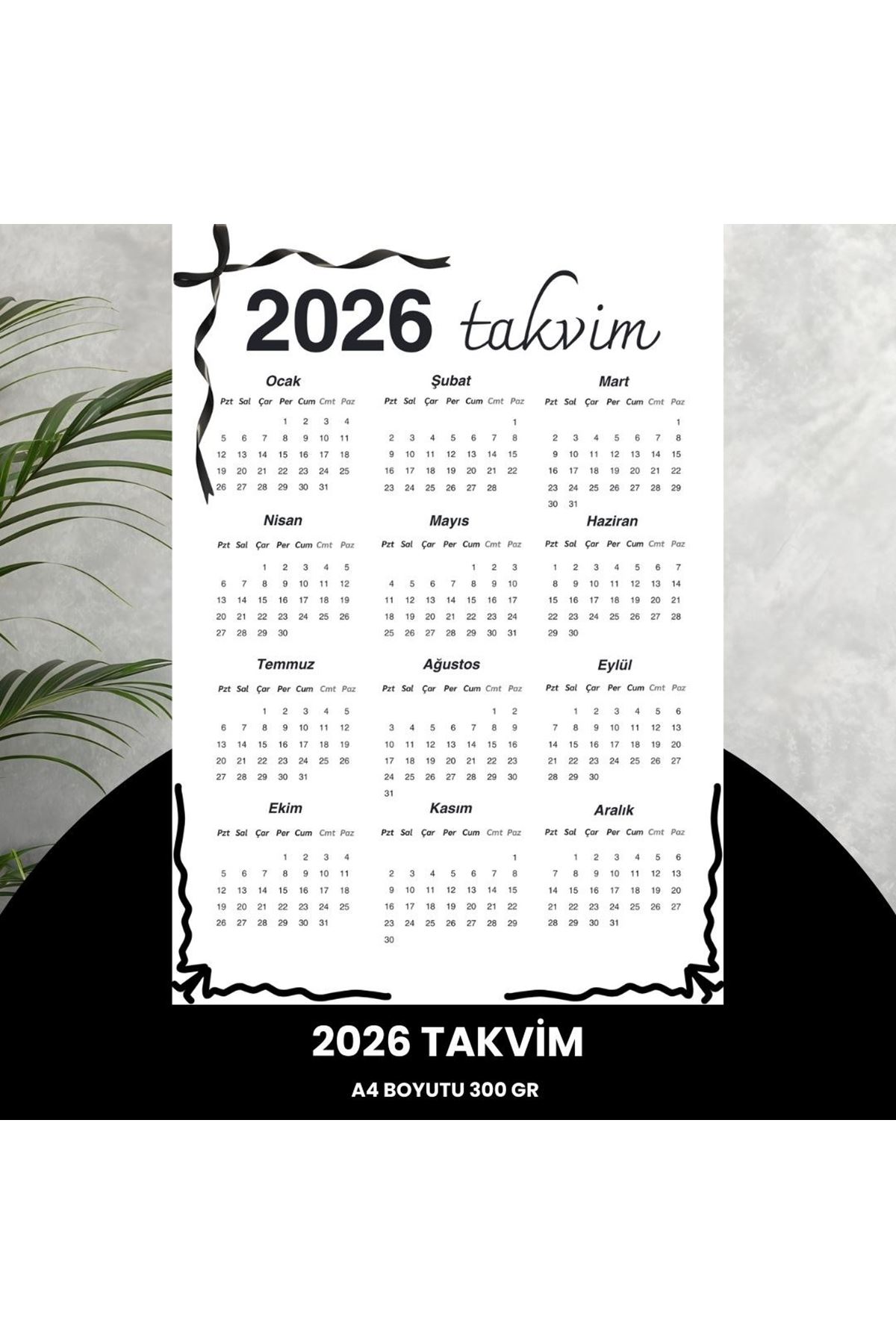 Takvim 2026 Premium A4 300 Gr Dijital Baskı Siyah Kurdele