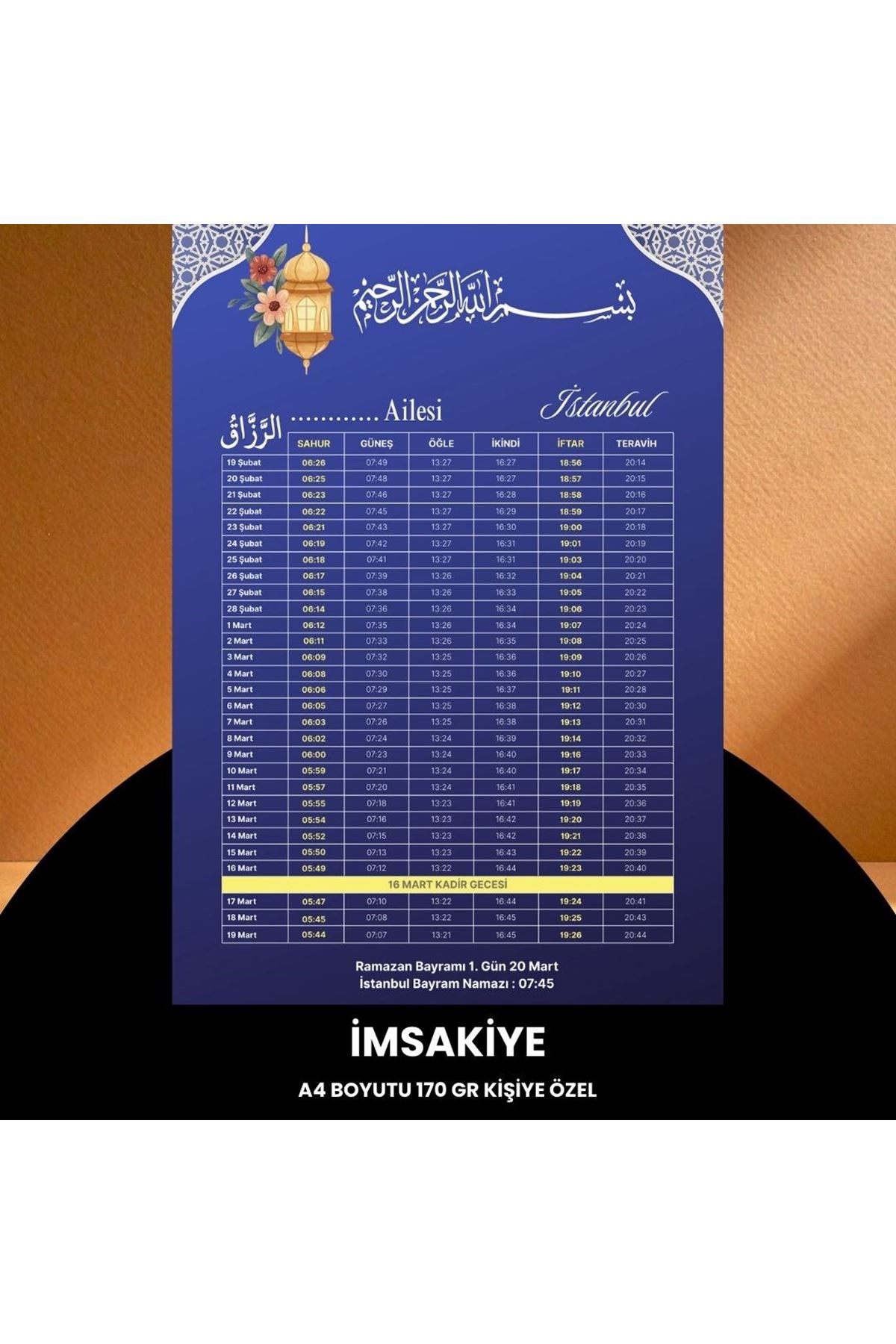 Ramazan İmsakiyesi - 170 Gr - A4 Boyut Kişiye Özel İsimli & Logolu 100 Adet Mat Mavi