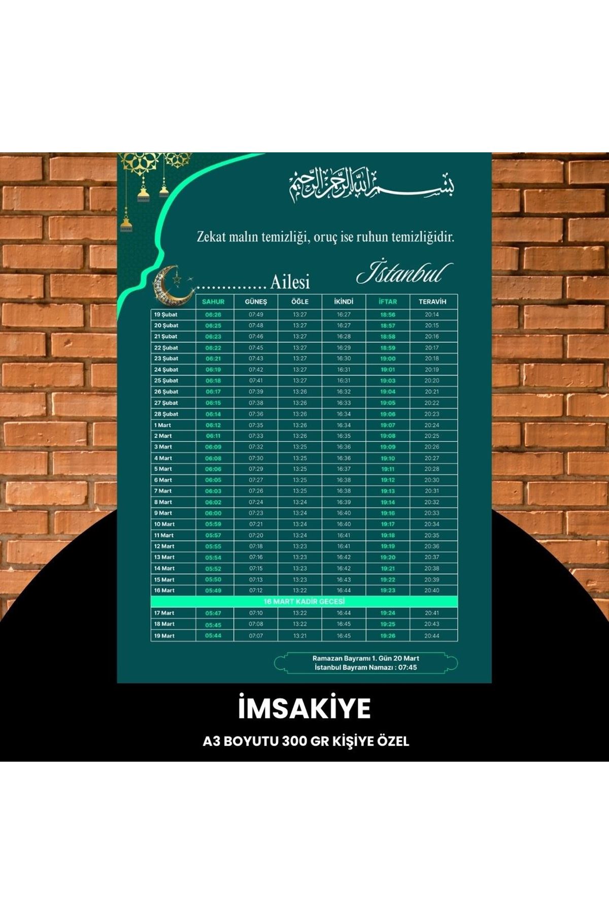 Ramazan İmsakiyesi - 300 Gr - A3 Boyut Kişiye Özel İsimli & Logolu 1 Adet Yeşil-turkuaz
