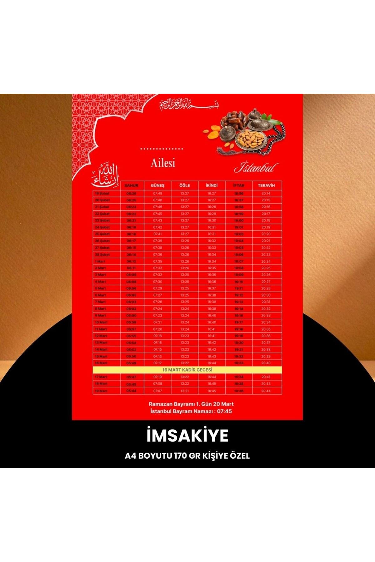 Ramazan İmsakiyesi - 170 Gr - A4 Boyut Kişiye Özel İsimli & Logolu 100 Adet Kırmızı