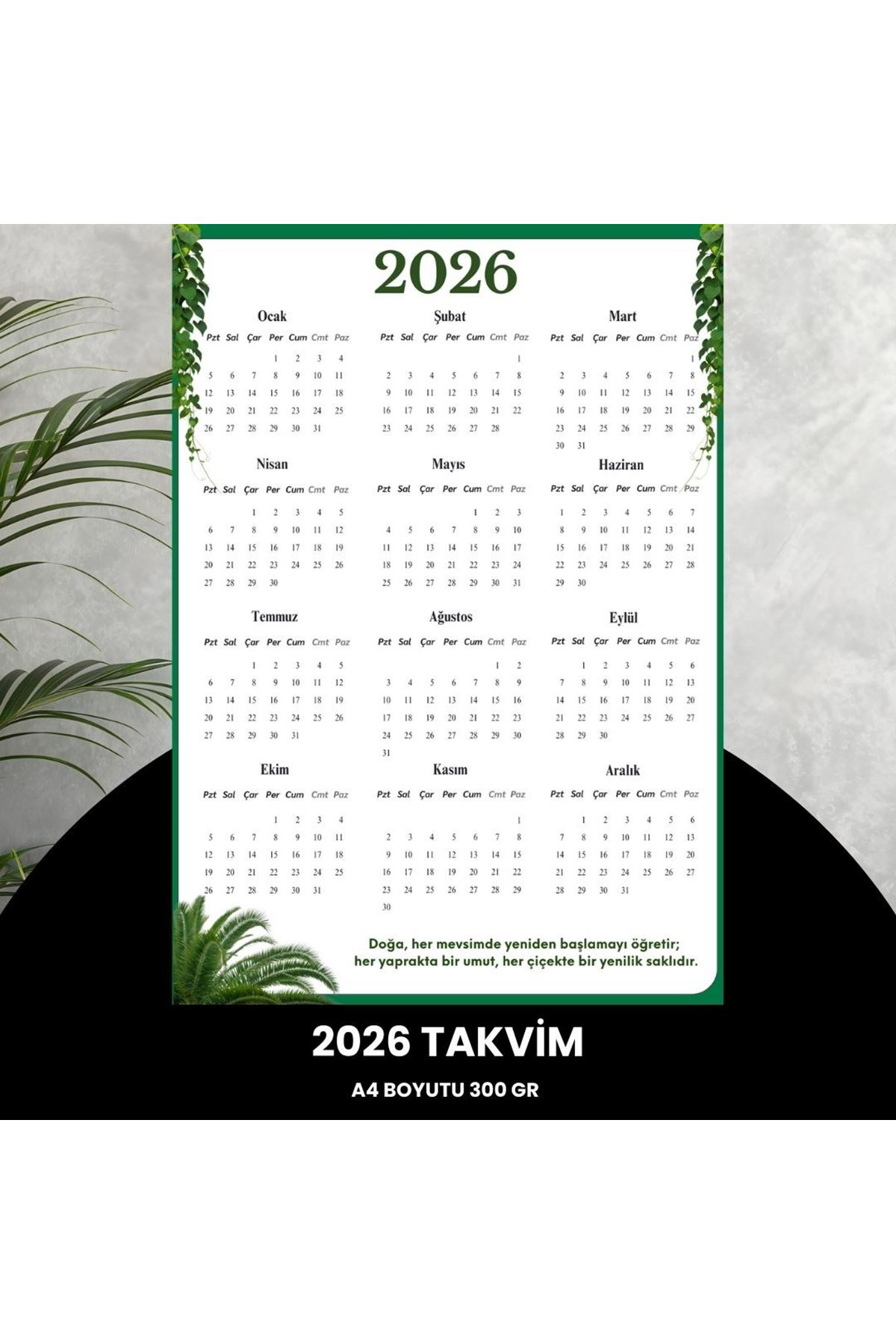 Takvim 2026 Premium A4 300 Gr Dijital Baskı Yeşil Yaprak