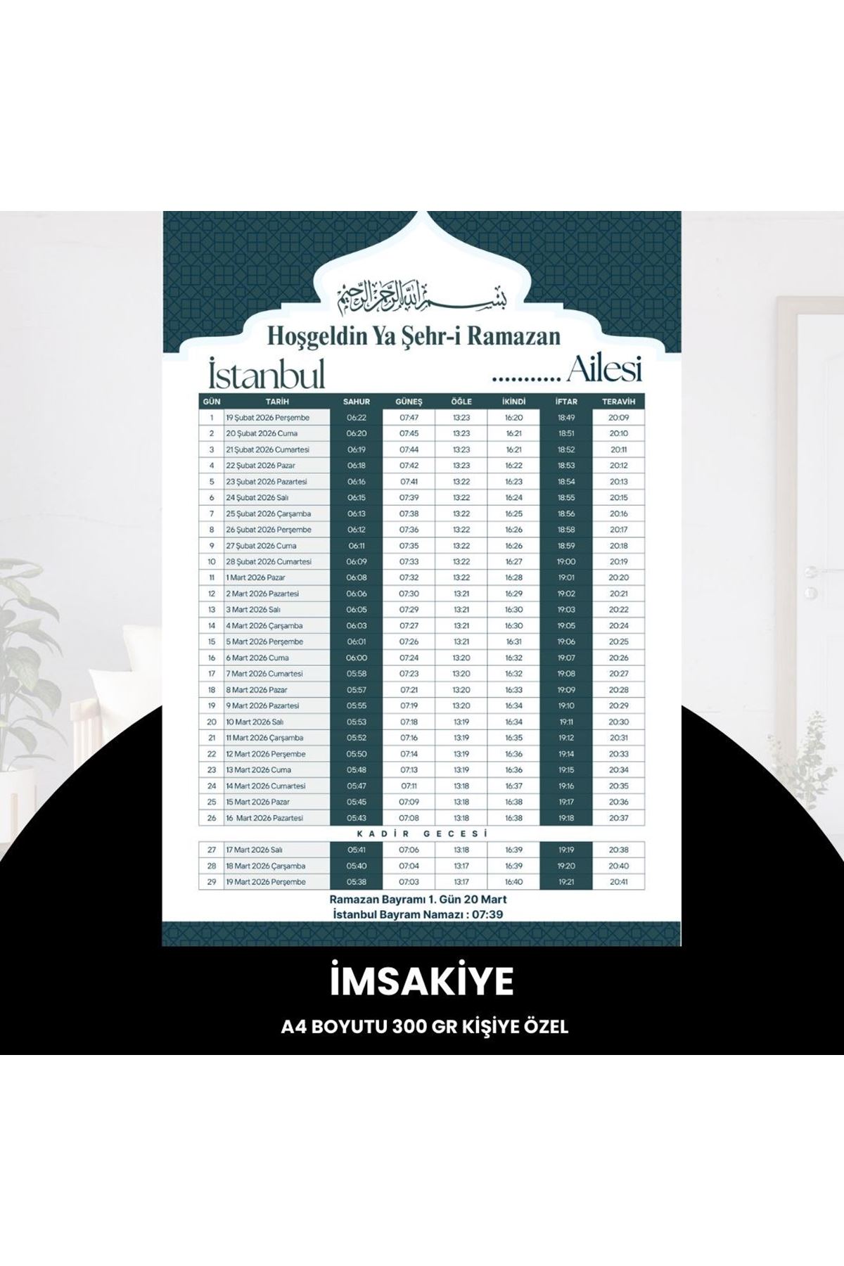 Ramazan İmsakiyesi - 300 Gr - A4 Boyut Kişiye Özel İsimli & Logolu 1 Adet Yeşil