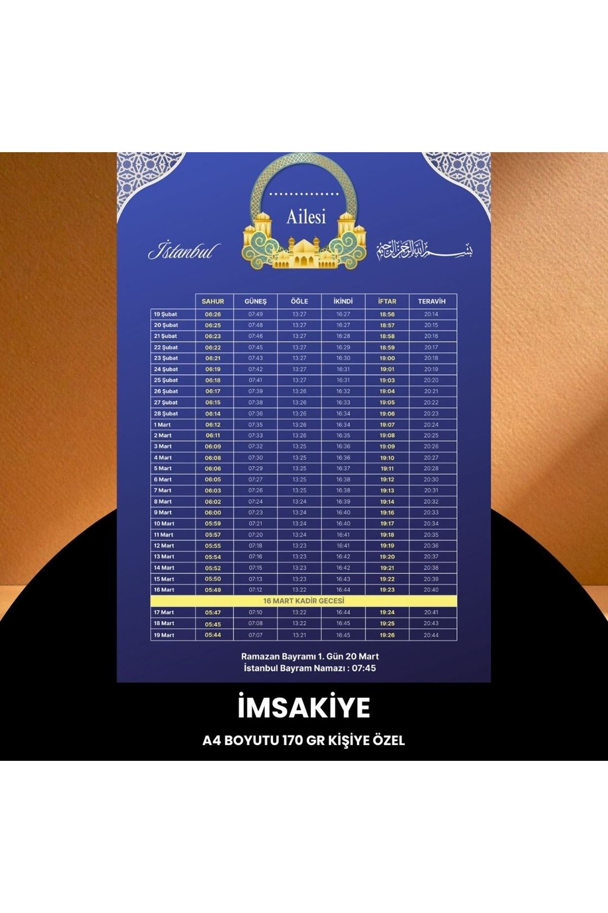 Ramazan İmsakiyesi - 170 Gr - A4 Boyut Kişiye Özel İsimli & Logolu 100 Adet Mor