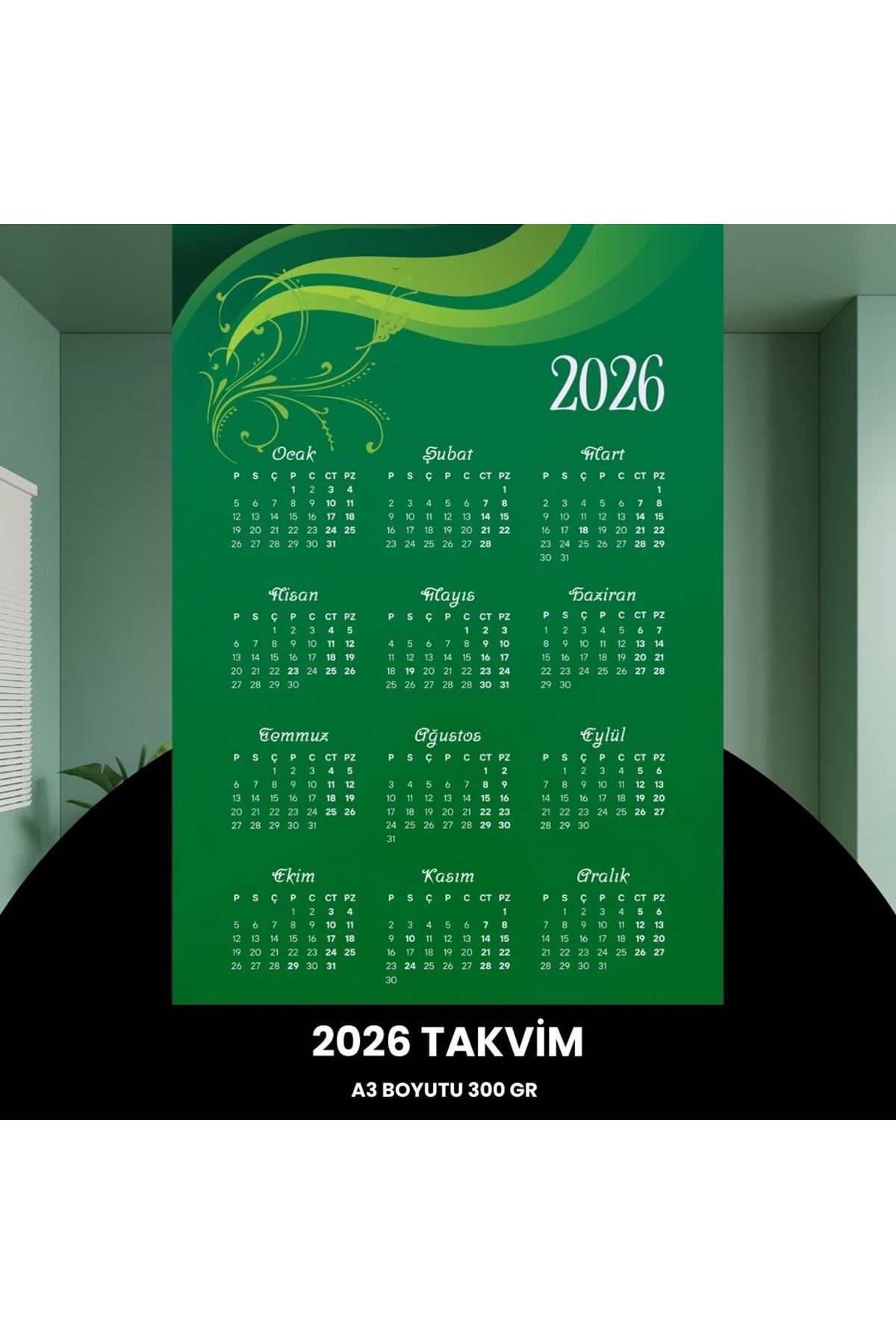Takvim 2026 Premium A3 300 Gr Dijital Baskı Yeşil