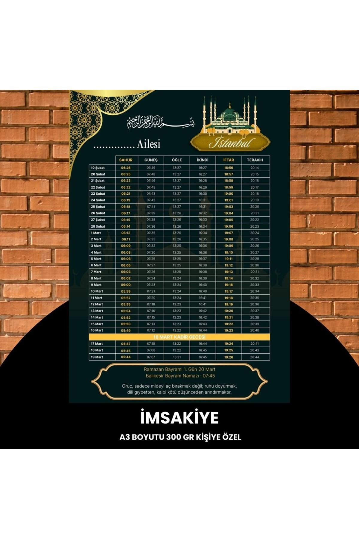 Ramazan İmsakiyesi - 300 Gr - A3 Boyut Kişiye Özel İsimli & Logolu 1 Adet Koyu Yeşil