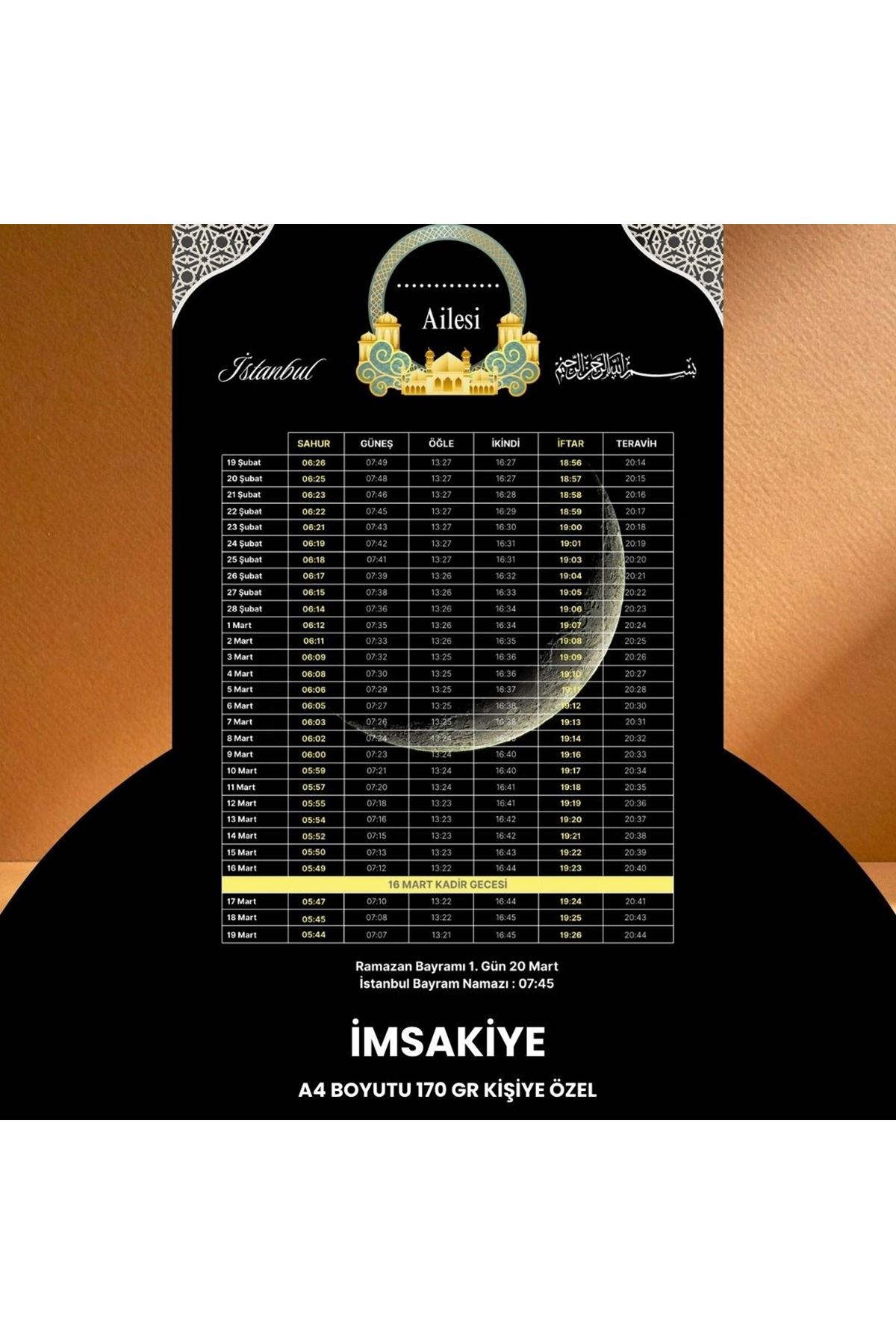 Ramazan İmsakiyesi - 170 Gr - A4 Boyut Kişiye Özel İsimli & Logolu 100 Adet Siyah-sarı