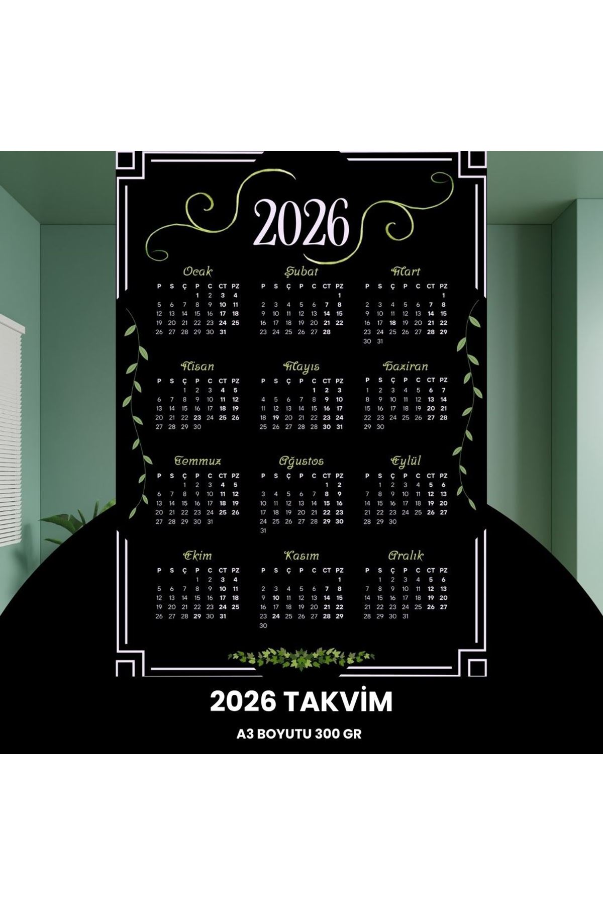 Takvim 2026 Premium A3 300 Gr Dijital Baskı Siyah Yeşil