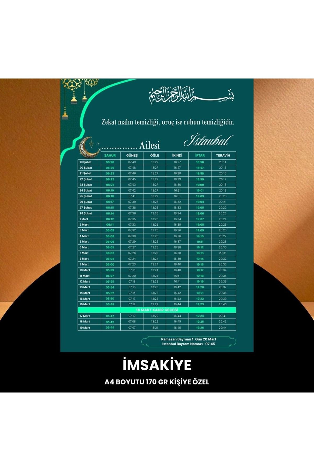 Ramazan İmsakiyesi - 170 Gr - A4 Boyut Kişiye Özel İsimli & Logolu 100 Adet Yeşil-turkuaz
