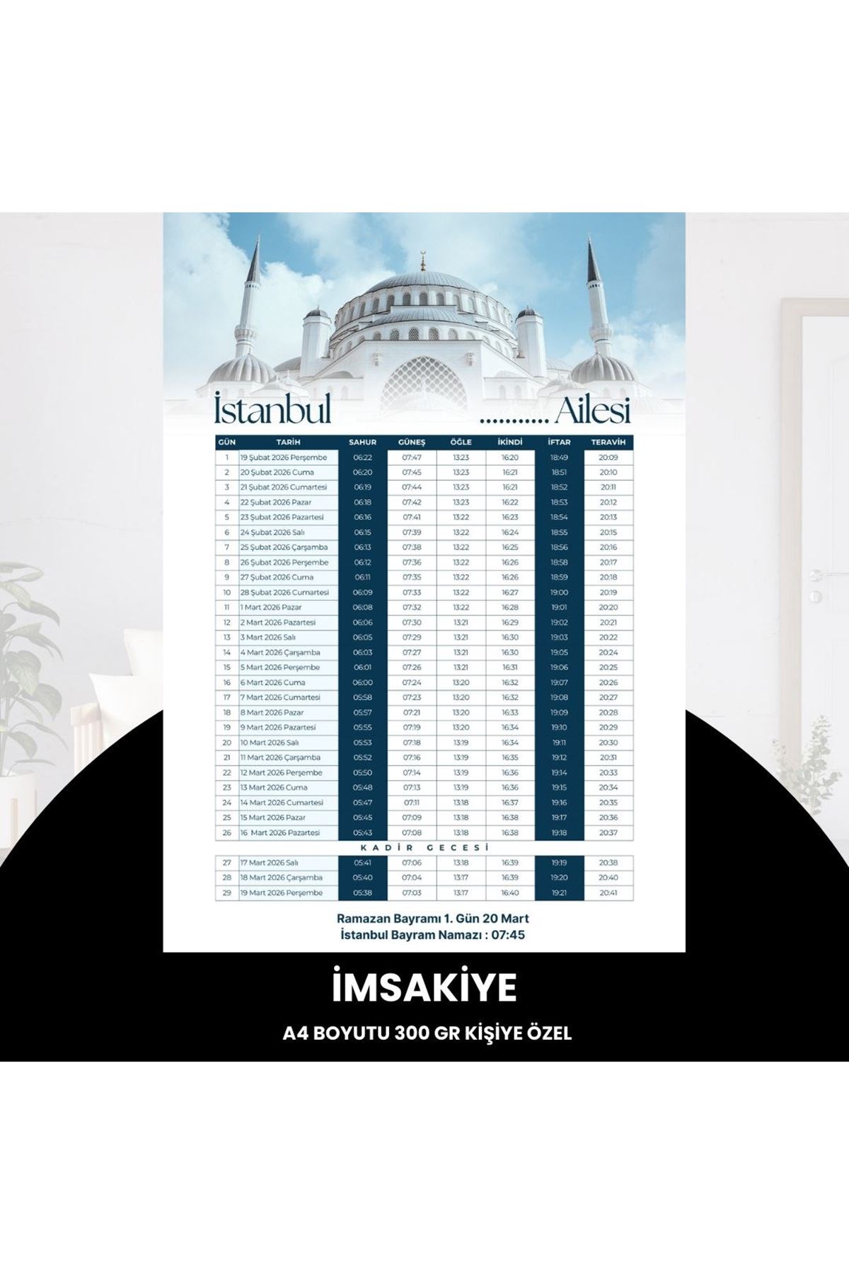 Ramazan İmsakiyesi - 300 Gr - A4 Boyut Kişiye Özel İsimli & Logolu 1 Adet Mavi