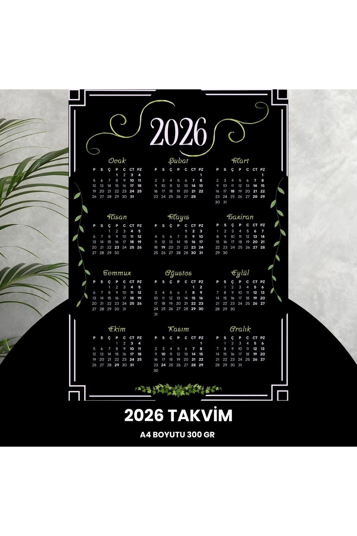 Takvim 2026 Premium A4 300 Gr Dijital Baskı Siyah Yeşil