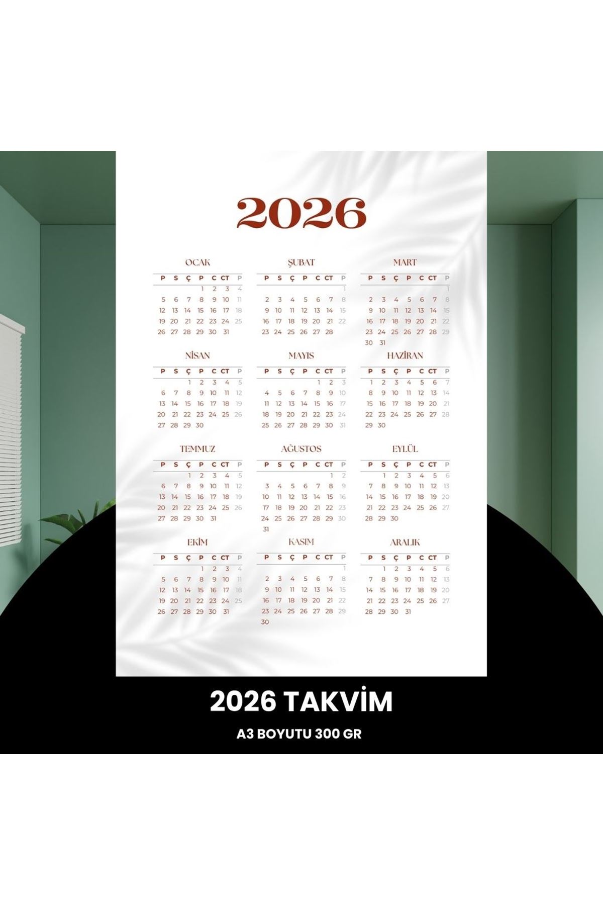 Takvim 2026 Premium A3 300 Gr Dijital Baskı Beyaz Bordo
