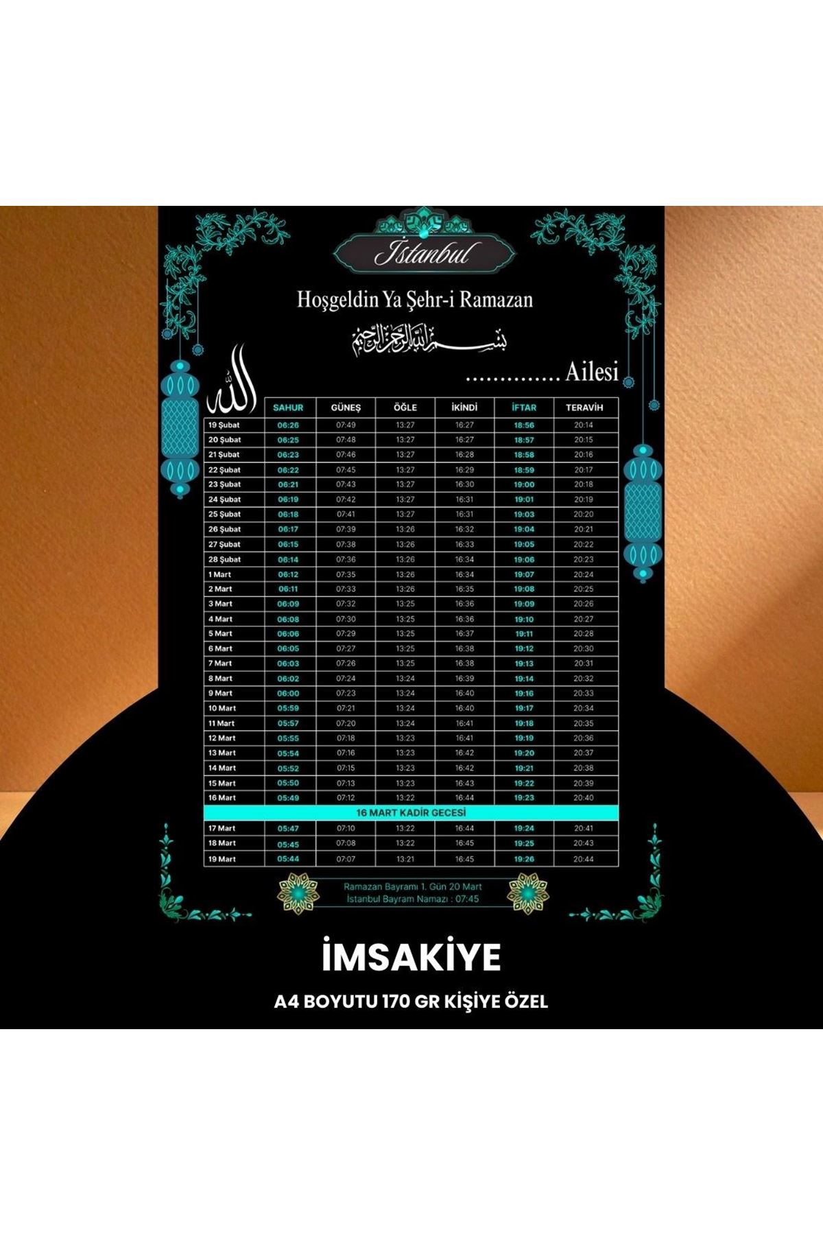 Ramazan İmsakiyesi - 170 Gr - A4 Boyut Kişiye Özel İsimli & Logolu 100 Adet Siyah-mavi