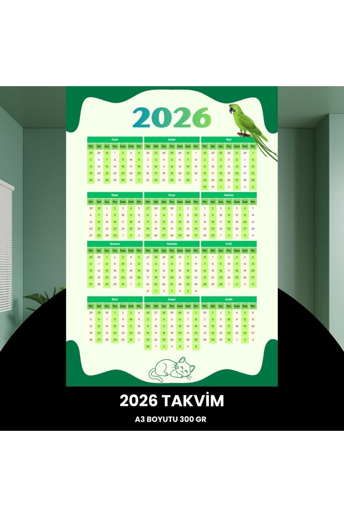 Takvim 2026 Premium A3 300 Gr Dijital Baskı Yeşil-beyaz