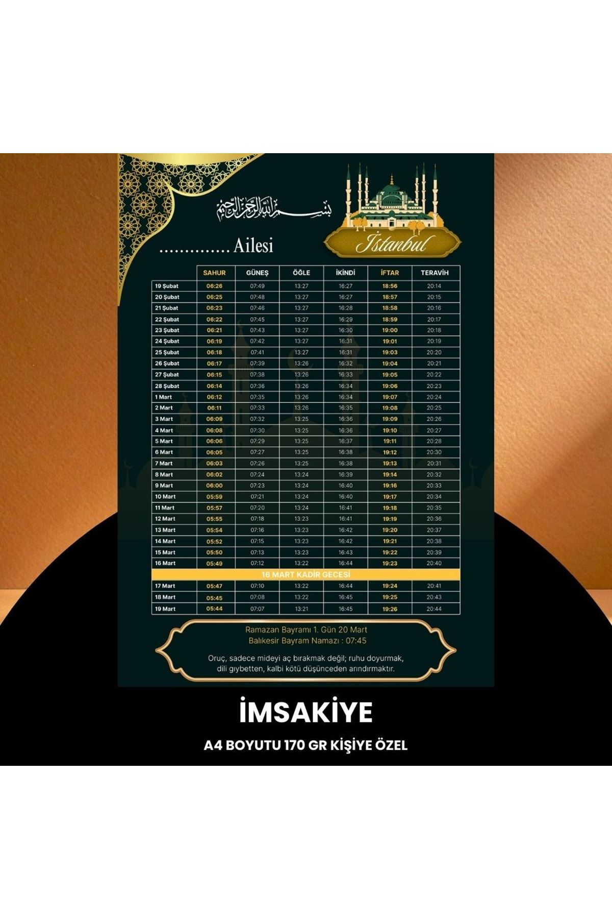 Ramazan İmsakiyesi - 170 Gr - A4 Boyut Kişiye Özel İsimli & Logolu 100 Adet Koyu Yeşil