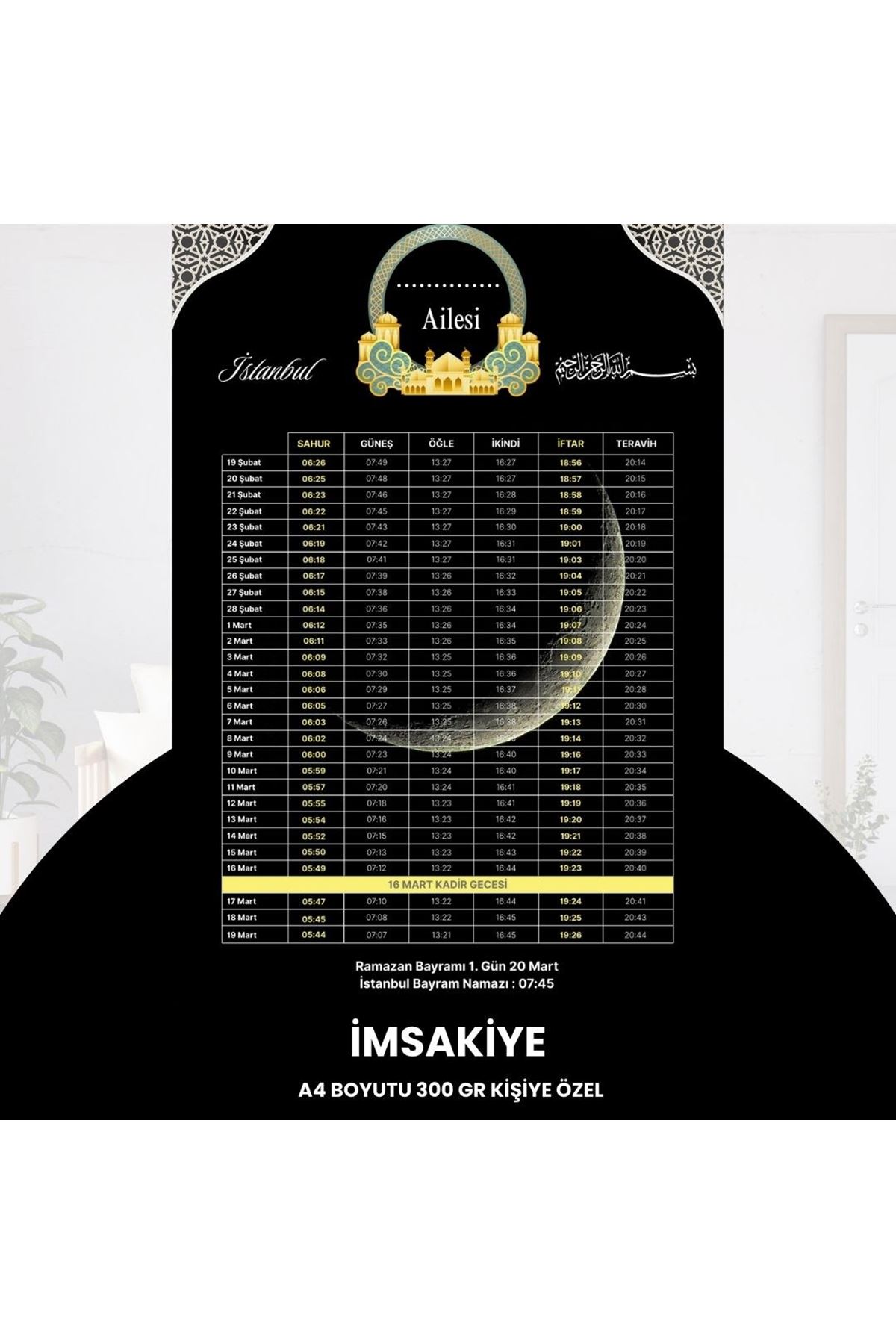 Ramazan İmsakiyesi - 300 Gr - A4 Boyut Kişiye Özel İsimli & Logolu 10 Adet Siyah-sarı