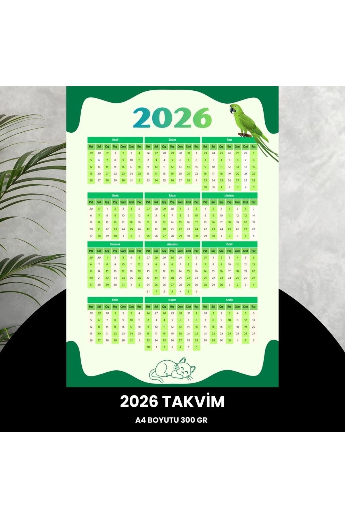 Takvim 2026 Premium A4 300 Gr Dijital Baskı Yeşil-beyaz