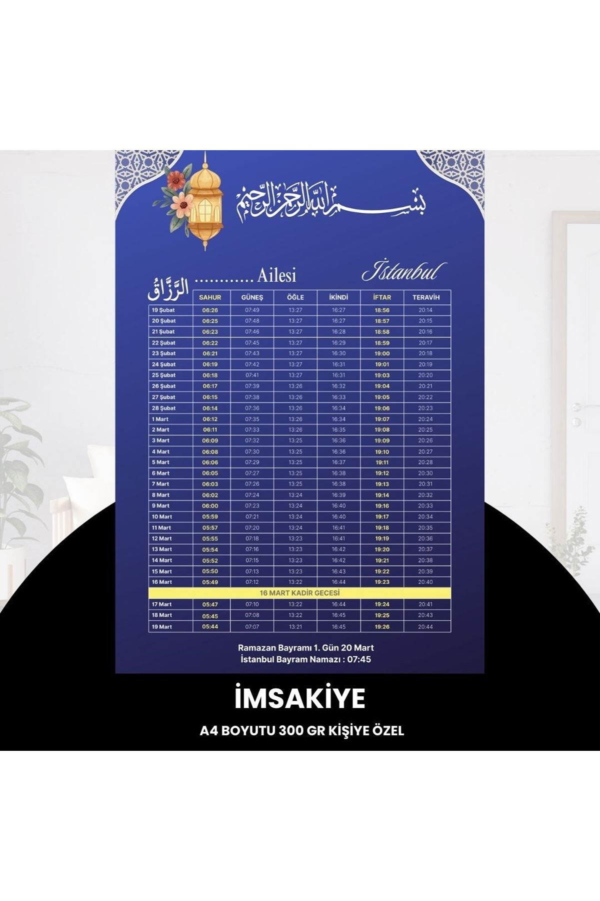 Ramazan İmsakiyesi - 300 Gr - A4 Boyut Kişiye Özel İsimli & Logolu 1 Adet Mat Mavi