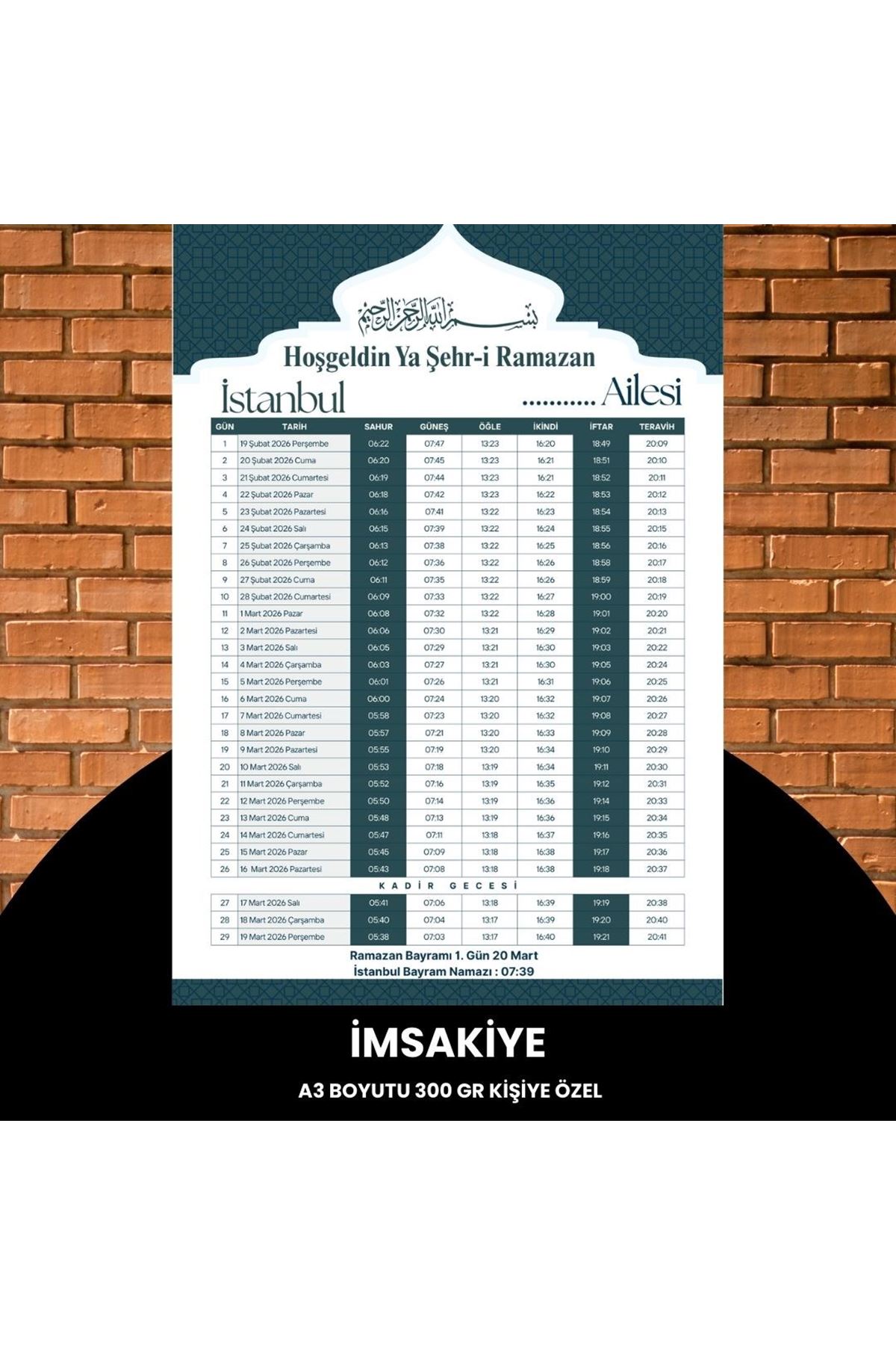 Ramazan İmsakiyesi - 300 Gr - A3 Boyut Kişiye Özel İsimli & Logolu 1 Adet Yeşil