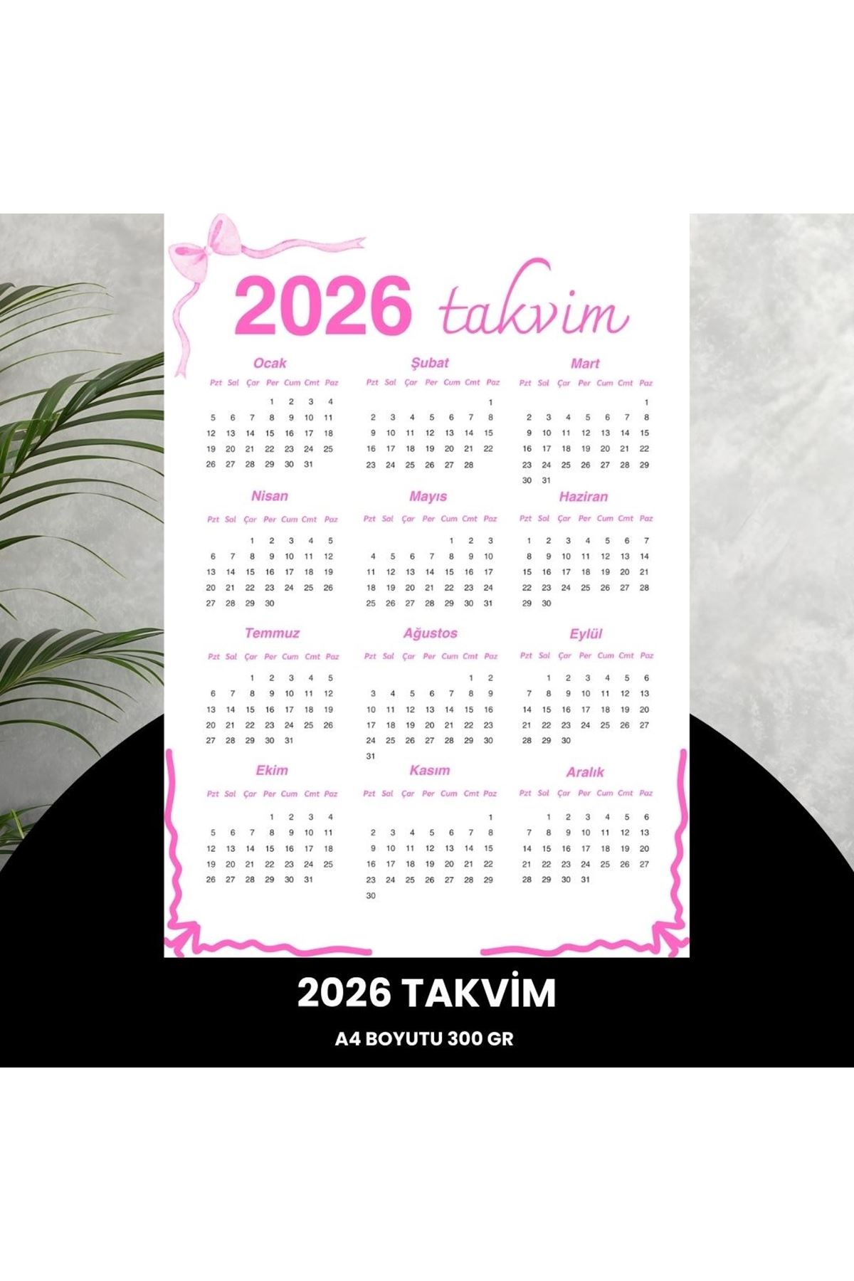 Takvim 2026 Premium A4 300 Gr Dijital Baskı Pembe