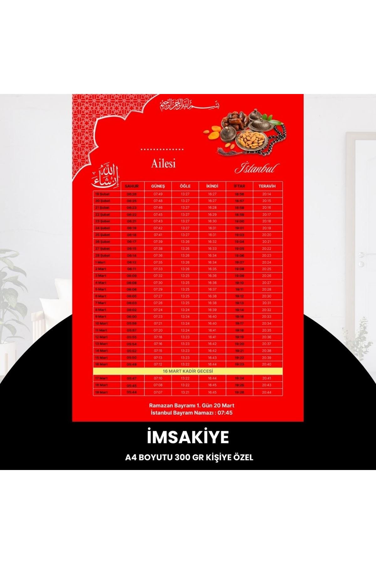 Ramazan İmsakiyesi - 300 Gr - A4 Boyut Kişiye Özel İsimli & Logolu 1 Adet Kırmızı