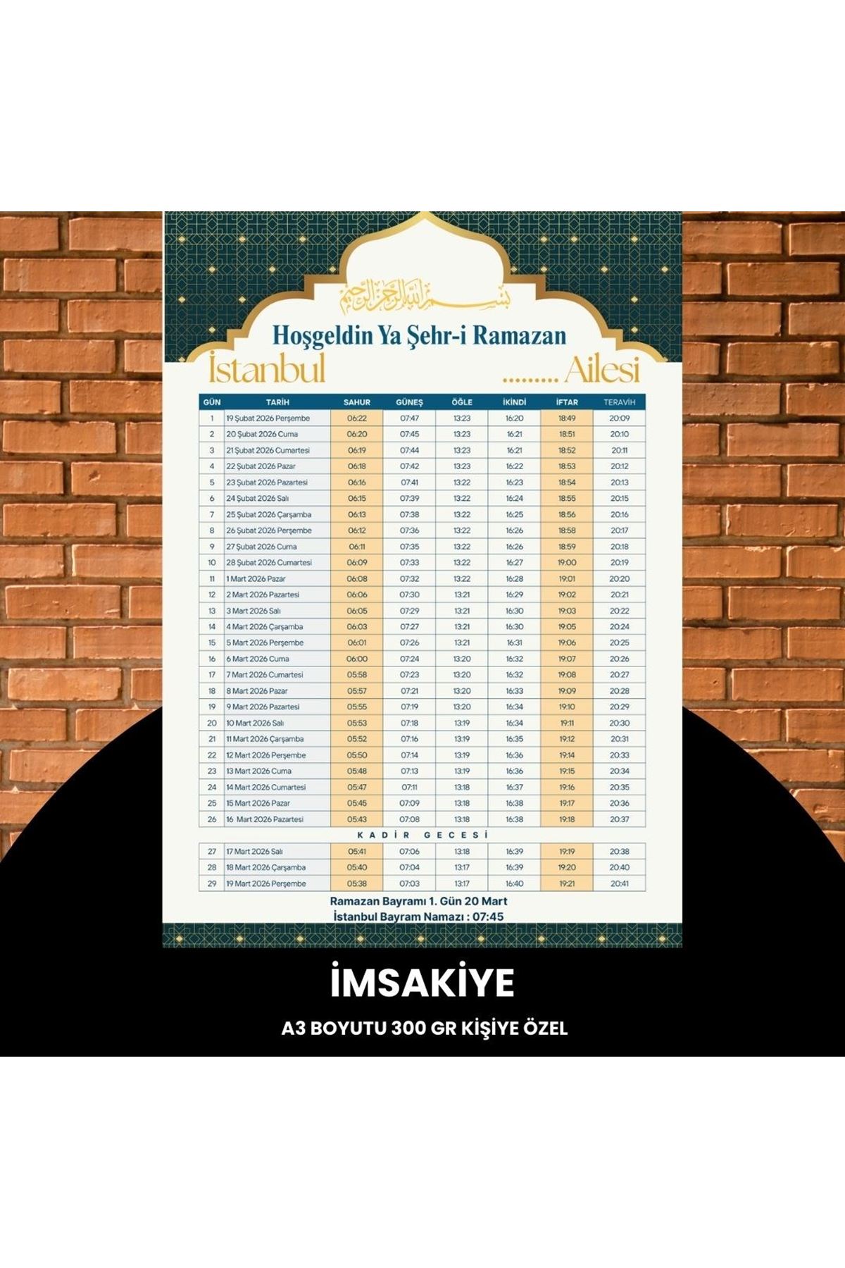 Ramazan İmsakiyesi - 300 Gr - A3 Boyut Kişiye Özel İsimli & Logolu 1 Adet Sarı