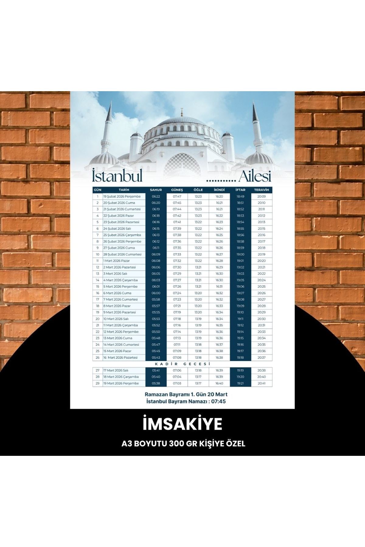 Ramazan İmsakiyesi - 300 Gr - A3 Boyut Kişiye Özel İsimli & Logolu 1 Adet Mavi