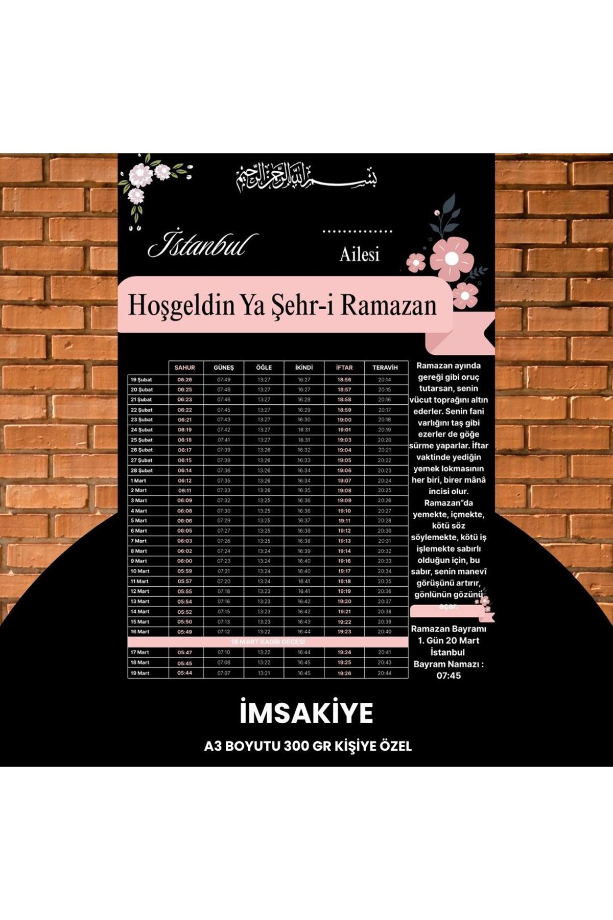 Ramazan İmsakiyesi - 300 Gr - A3 Boyut Kişiye Özel İsimli & Logolu 1 Adet Pembe