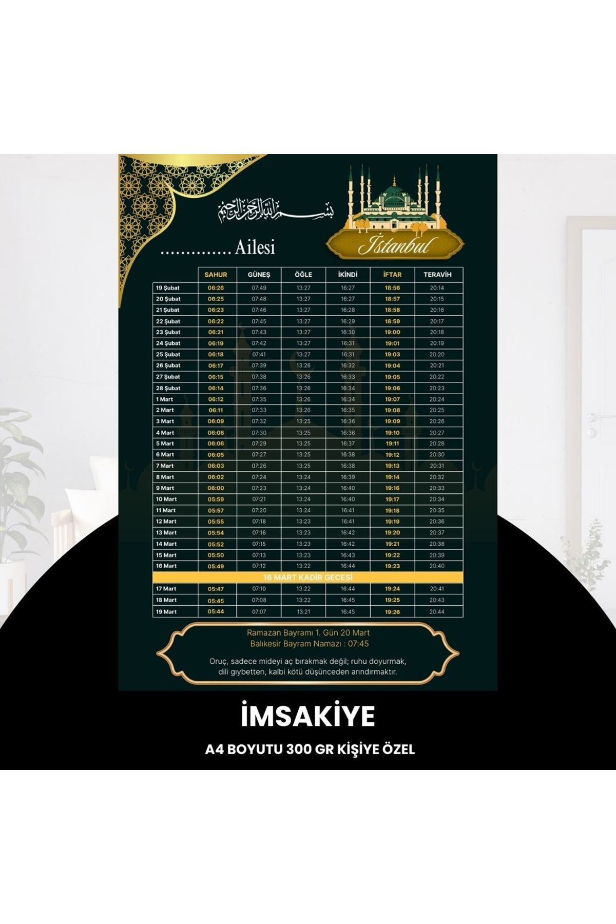 Ramazan İmsakiyesi - 300 Gr - A4 Boyut Kişiye Özel İsimli & Logolu 10 Adet Koyu Yeşil