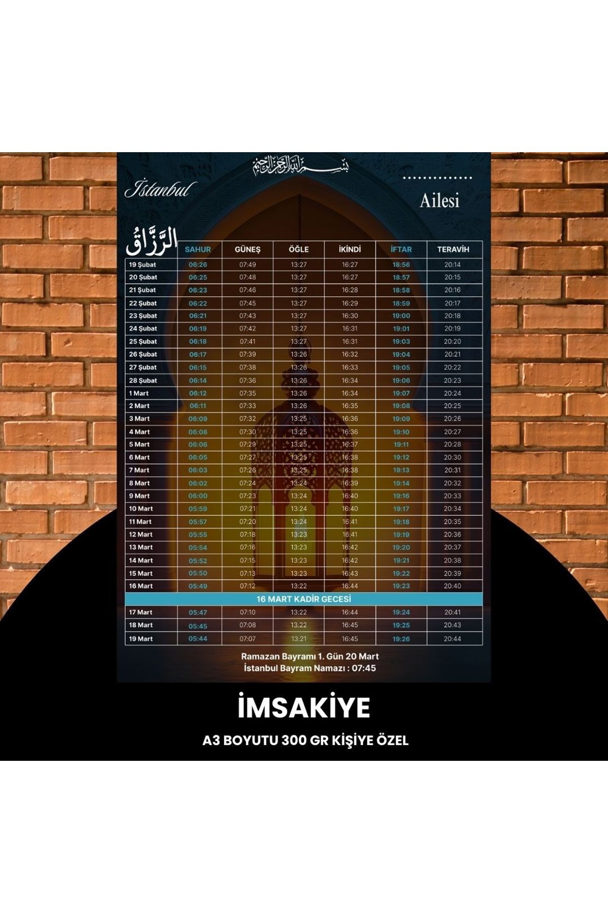 Ramazan İmsakiyesi - 300 Gr - A3 Boyut Kişiye Özel İsimli & Logolu 1 Adet Lacivert