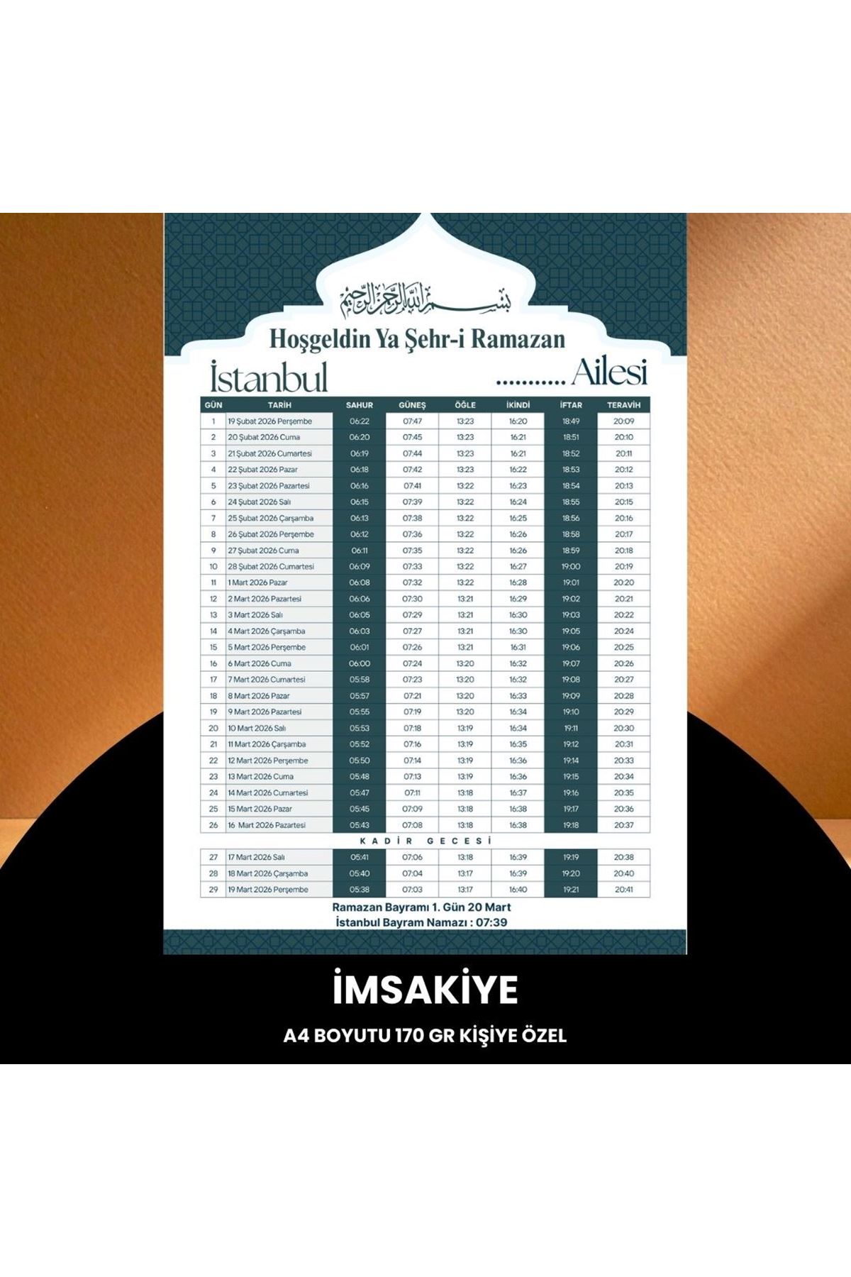 Ramazan İmsakiyesi - 170 Gr - A4 Boyut Kişiye Özel İsimli & Logolu 100 Adet Yeşil