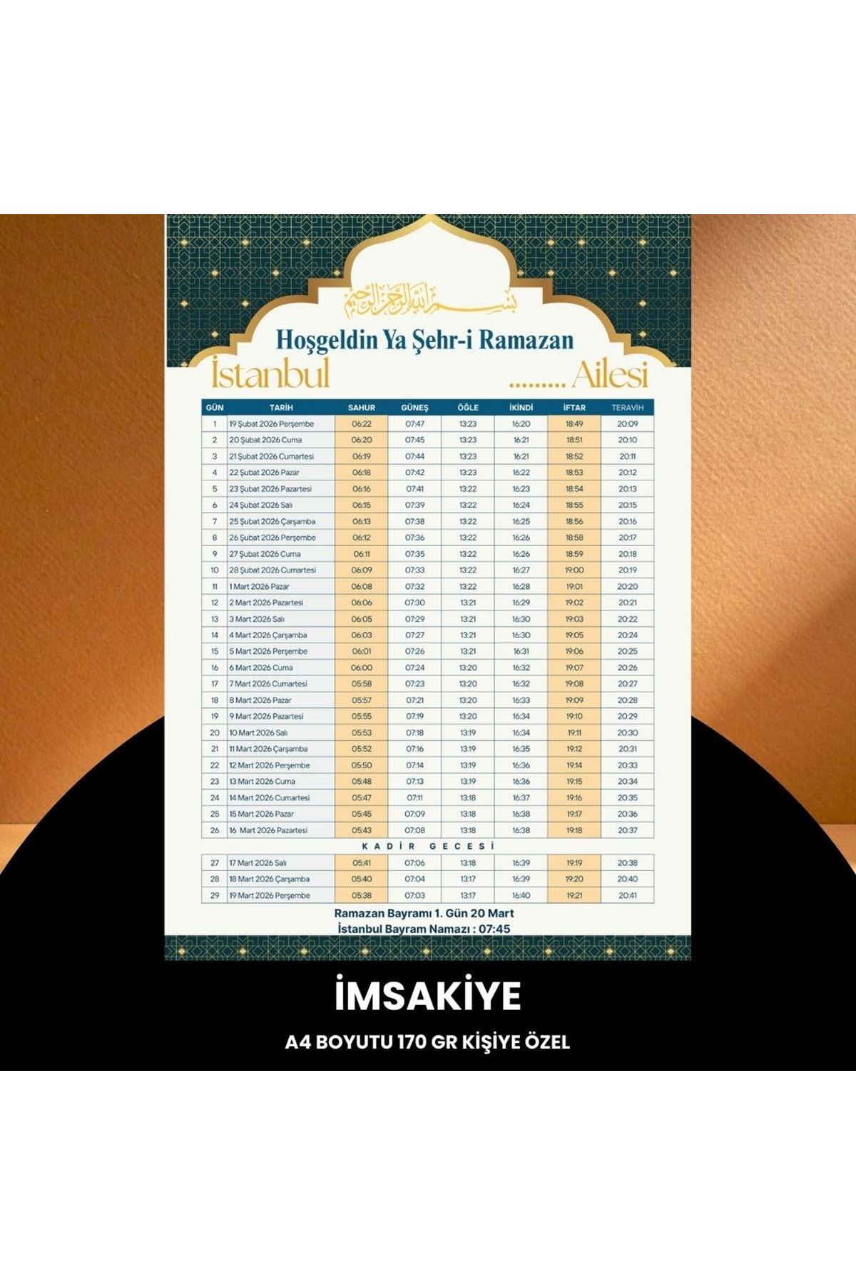 Ramazan İmsakiyesi - 170 Gr - A4 Boyut Kişiye Özel İsimli & Logolu 100 Adet Sarı