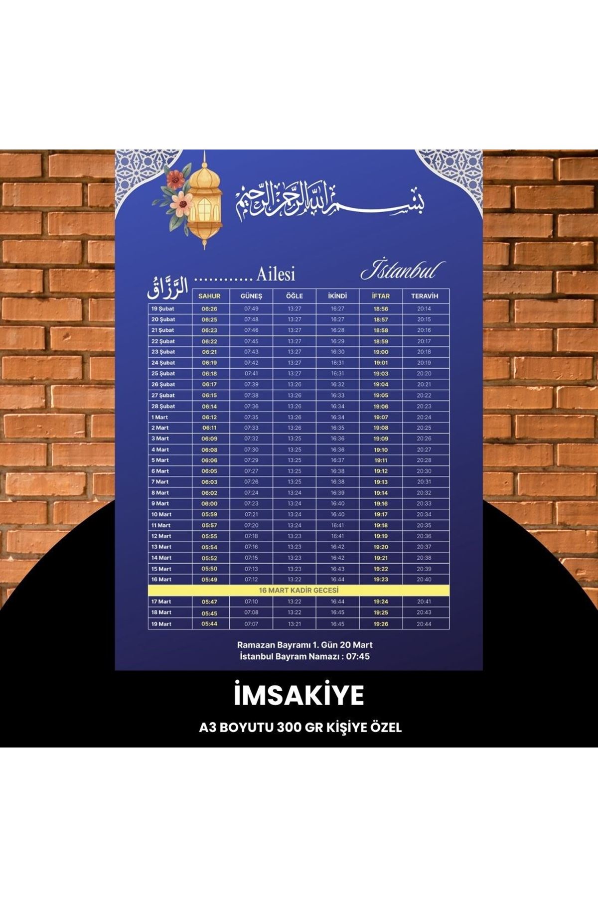 Ramazan İmsakiyesi - 300 Gr - A3 Boyut Kişiye Özel İsimli & Logolu 1 Adet Mat Mavi