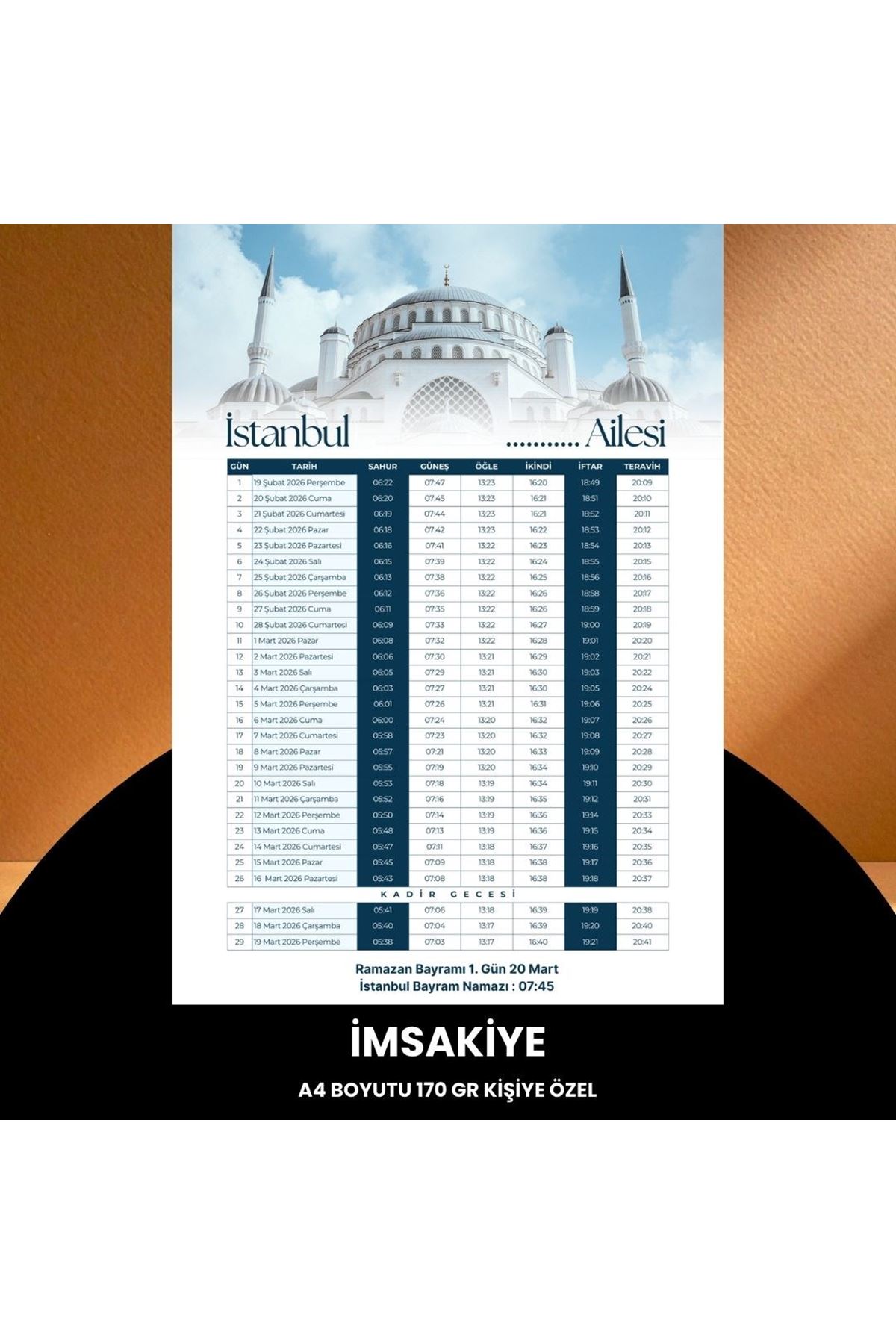 Ramazan İmsakiyesi - 170 Gr - A4 Boyut Kişiye Özel İsimli & Logolu 100 Adet Mavi