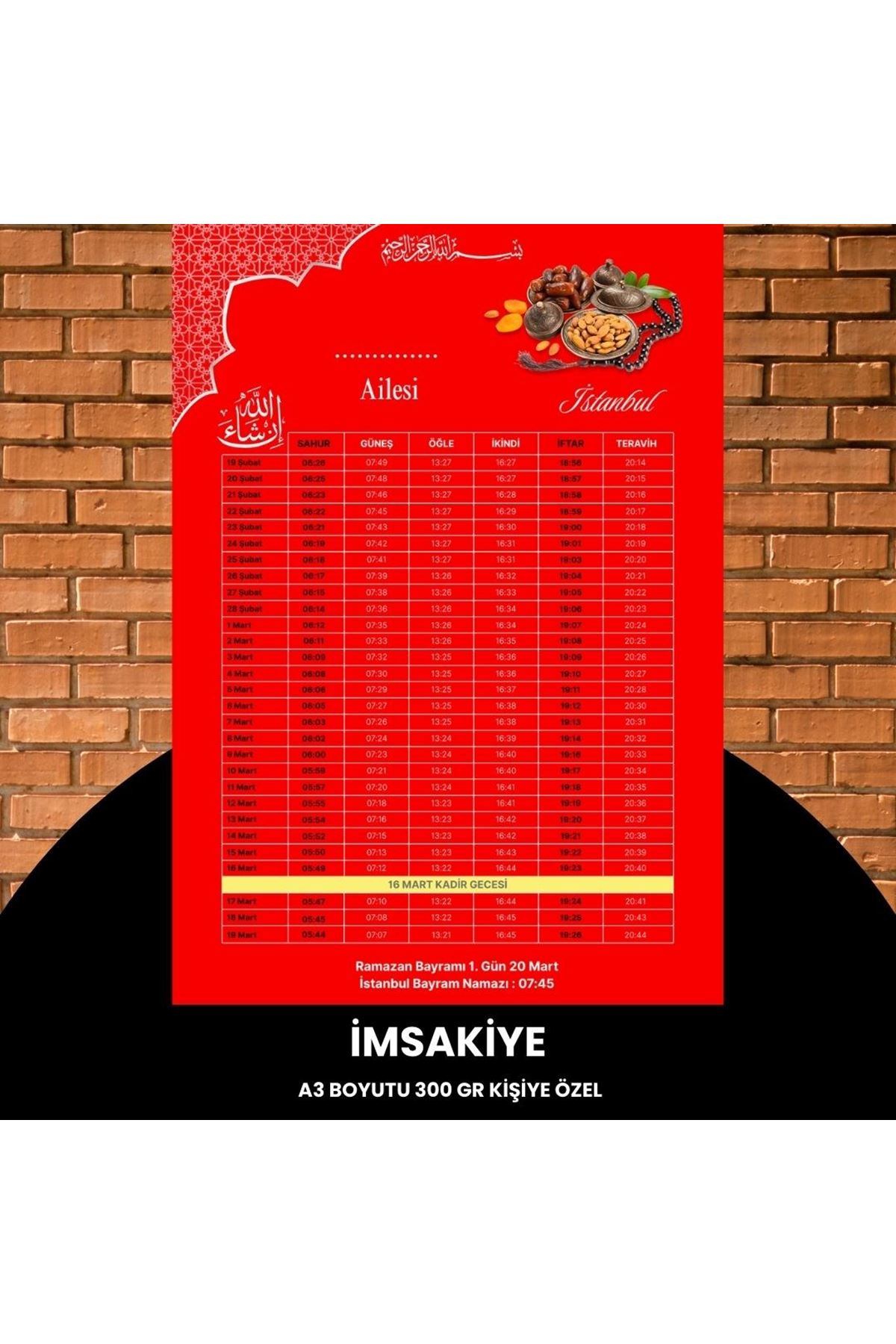 Ramazan İmsakiyesi - 300 Gr - A3 Boyut Kişiye Özel İsimli & Logolu 1 Adet Kırmızı