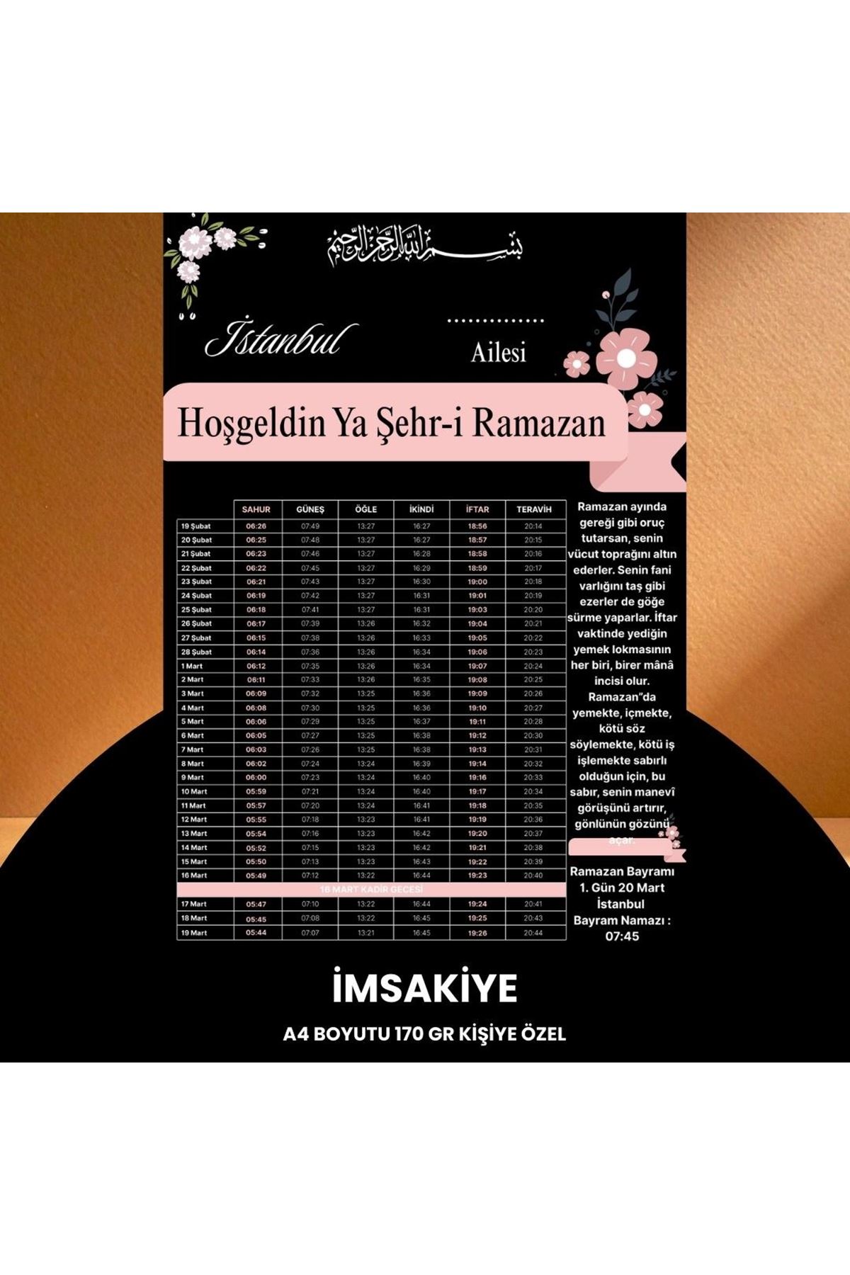 Ramazan İmsakiyesi - 170 Gr - A4 Boyut Kişiye Özel İsimli & Logolu 100 Adet Pembe