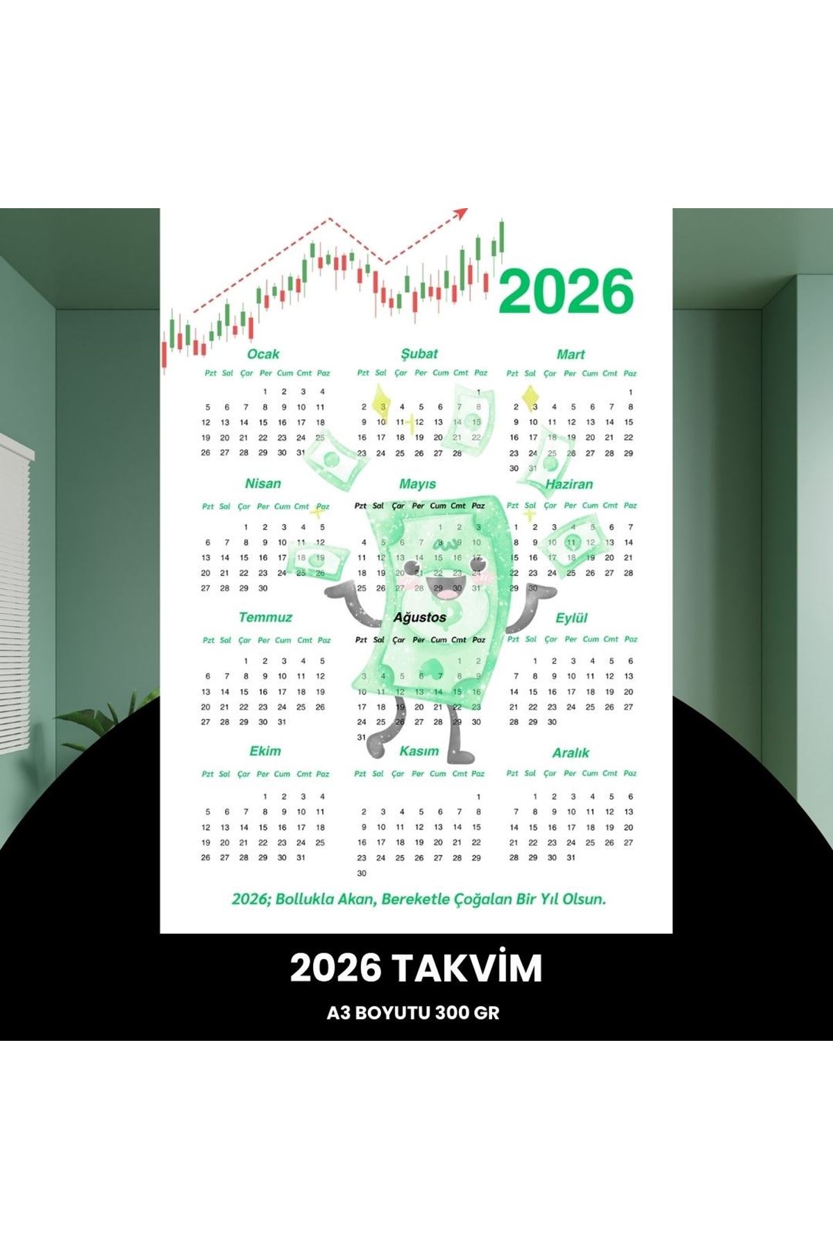 Takvim 2026 Premium A3 300 Gr Dijital Baskı Yeşil Para
