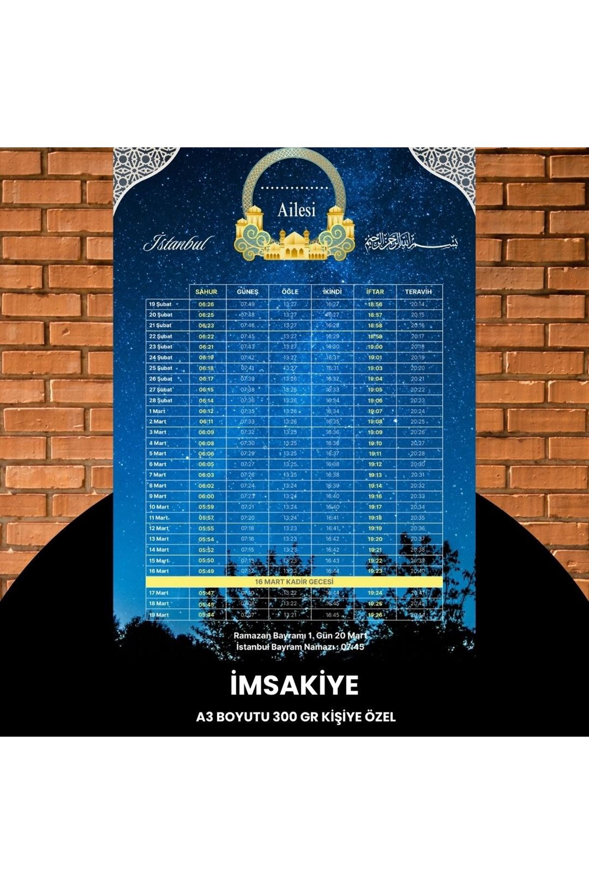 Ramazan İmsakiyesi - 300 Gr - A3 Boyut Kişiye Özel İsimli & Logolu 1 Adet Gökyüzü