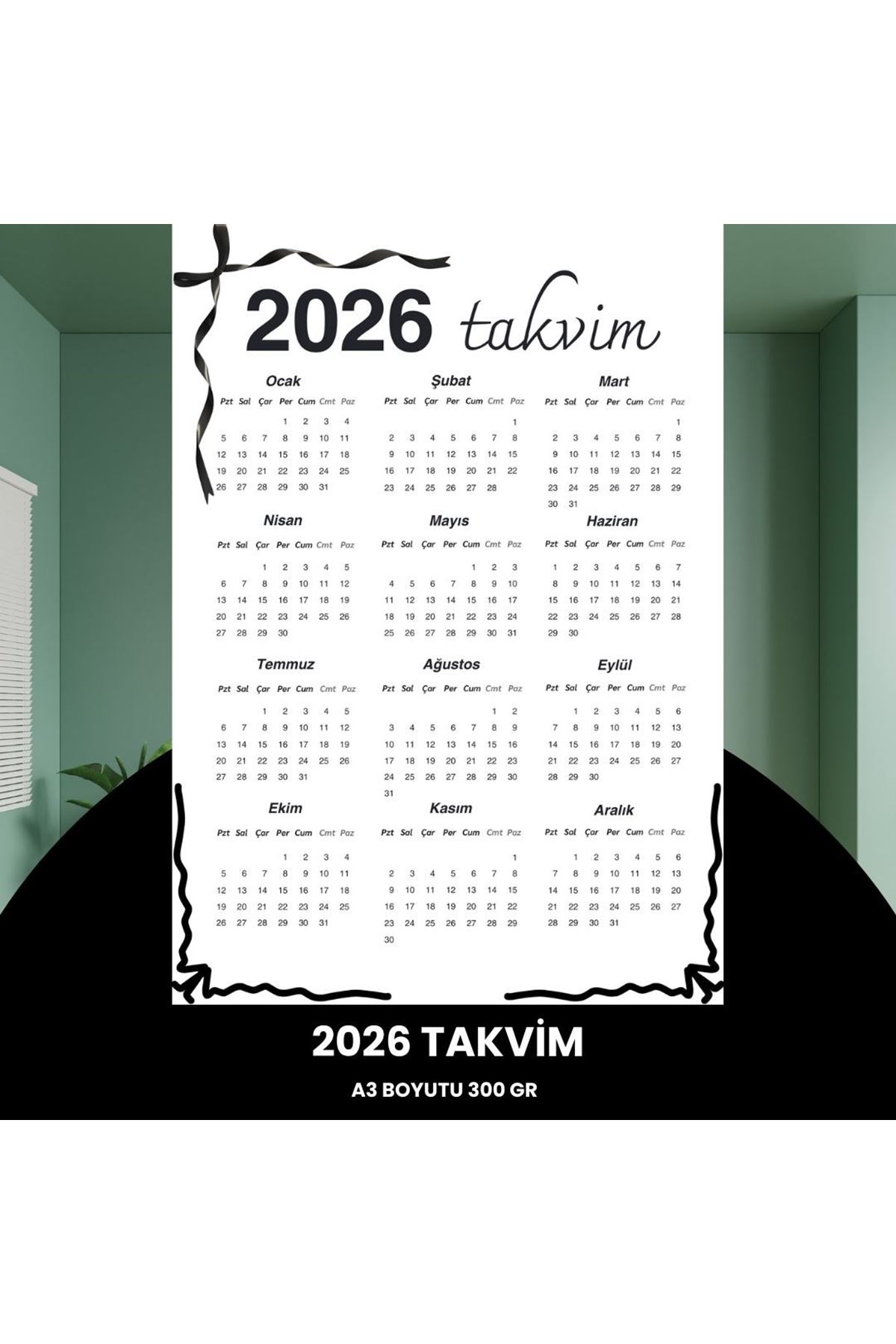 Takvim 2026 Premium A3 300 Gr Dijital Baskı Siyah Kurdele