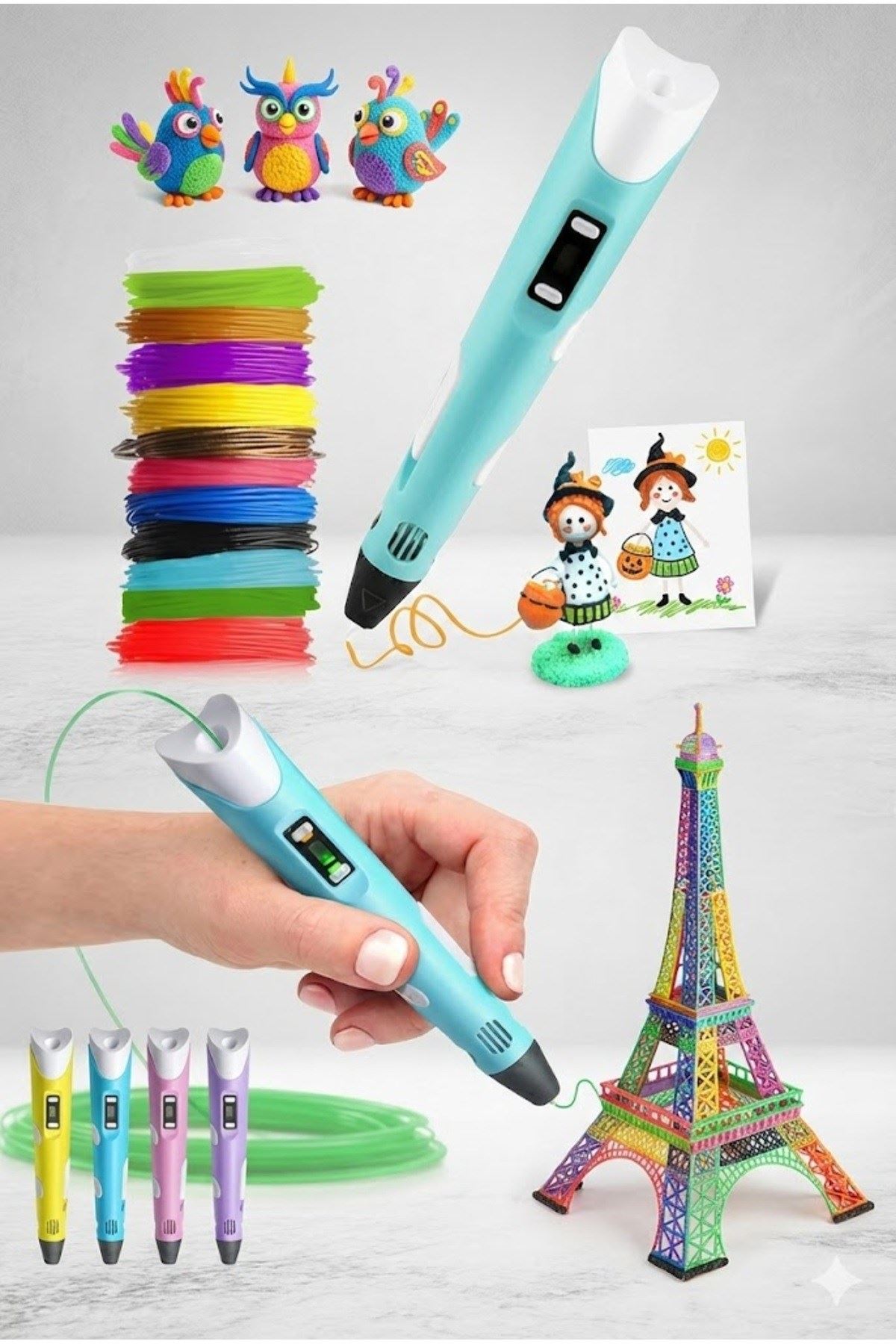 3D Kalem Seti (PEMBEİ) Dijital Göstergeli + 3 Renk Filament Hediyeli Eğitici Yazıcı ABS/PLA Uyumlu
