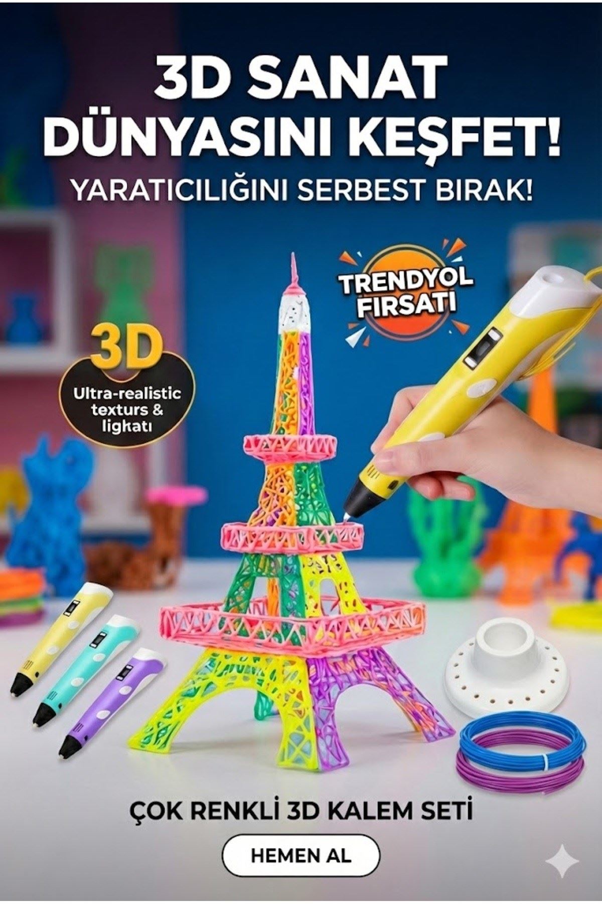 3D Kalem Seti (SARI) Dijital Göstergeli + 3 Renk Filament Hediyeli Eğitici Yazıcı ABS/PLA Uyumlu