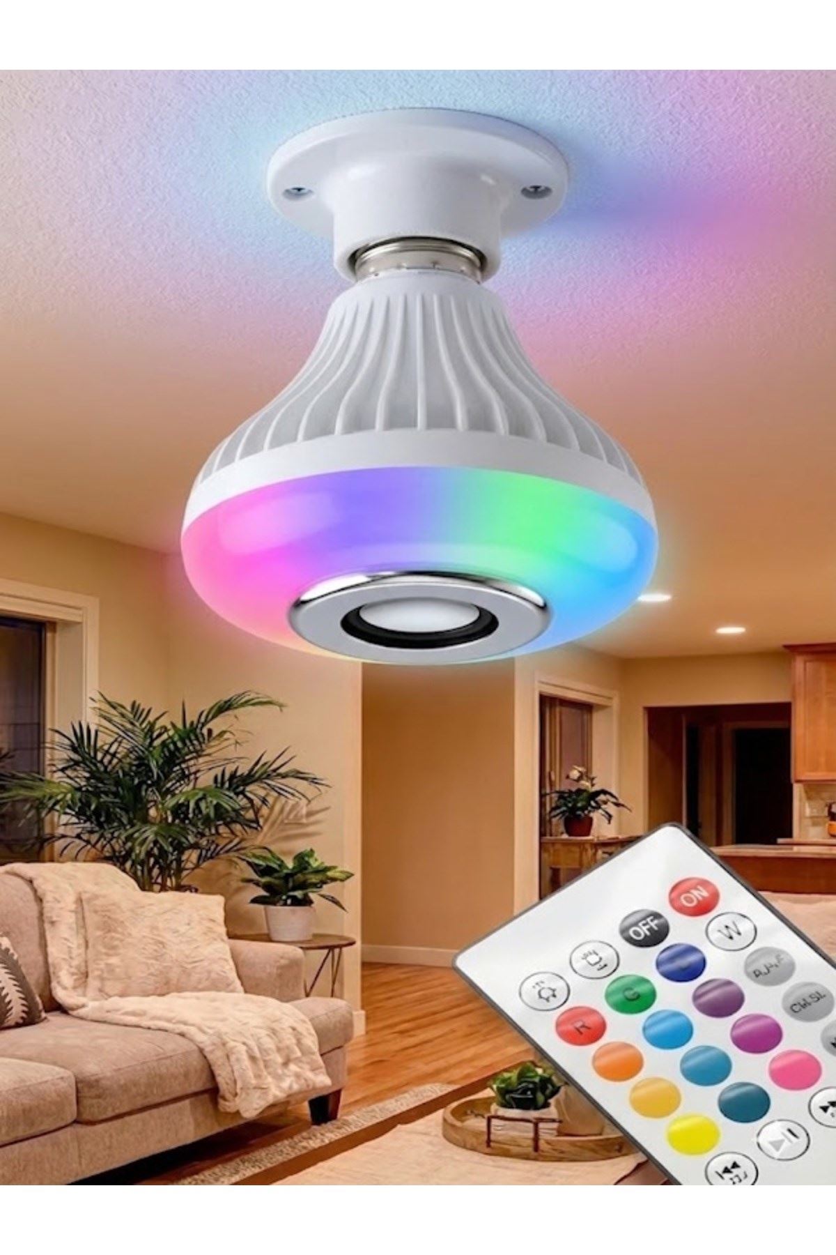 Bluetooth RGB LED Hoparlörlü Akıllı Ampul - Renkli Müzikli Lamba ve Kumanda
