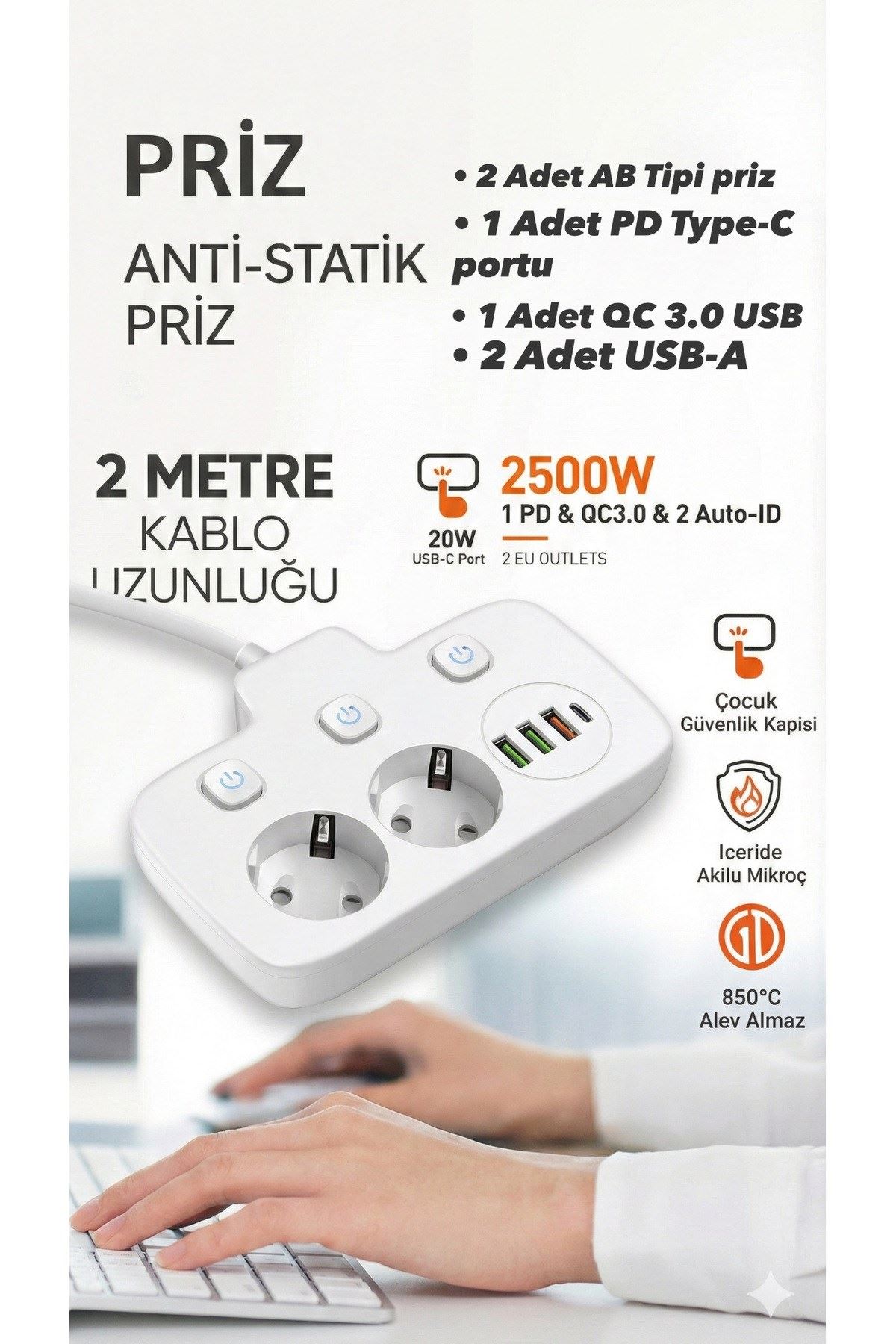 Akım Korumalı 2500W Güçlü 3 USB + Type-C Portlu Çoklu Priz | Hızlı Şarj, Çocuk Kilidi, 2 METRE