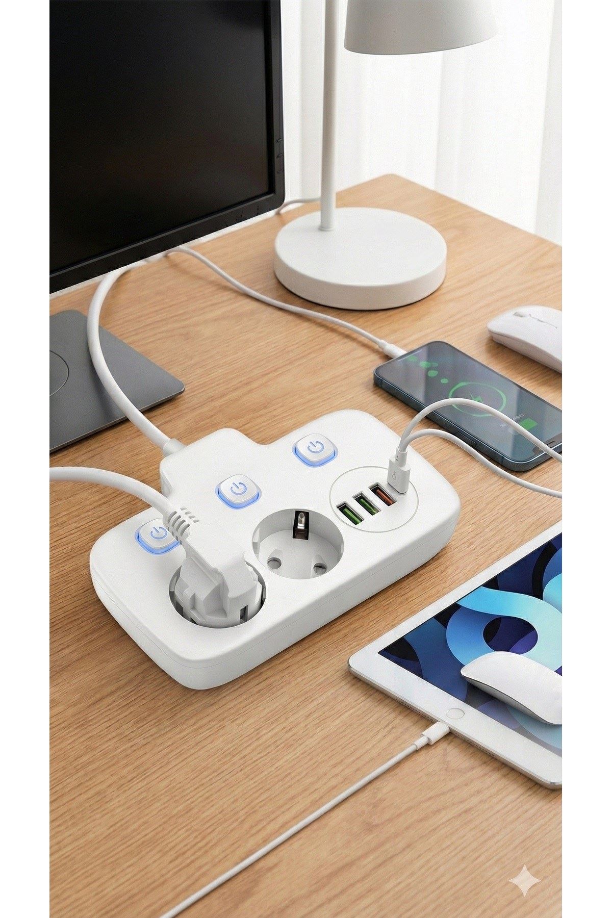 Akım Korumalı 2500W Güçlü 3 USB + Type-C Portlu Çoklu Priz | Hızlı Şarj, Çocuk Kilidi, 2 METRE