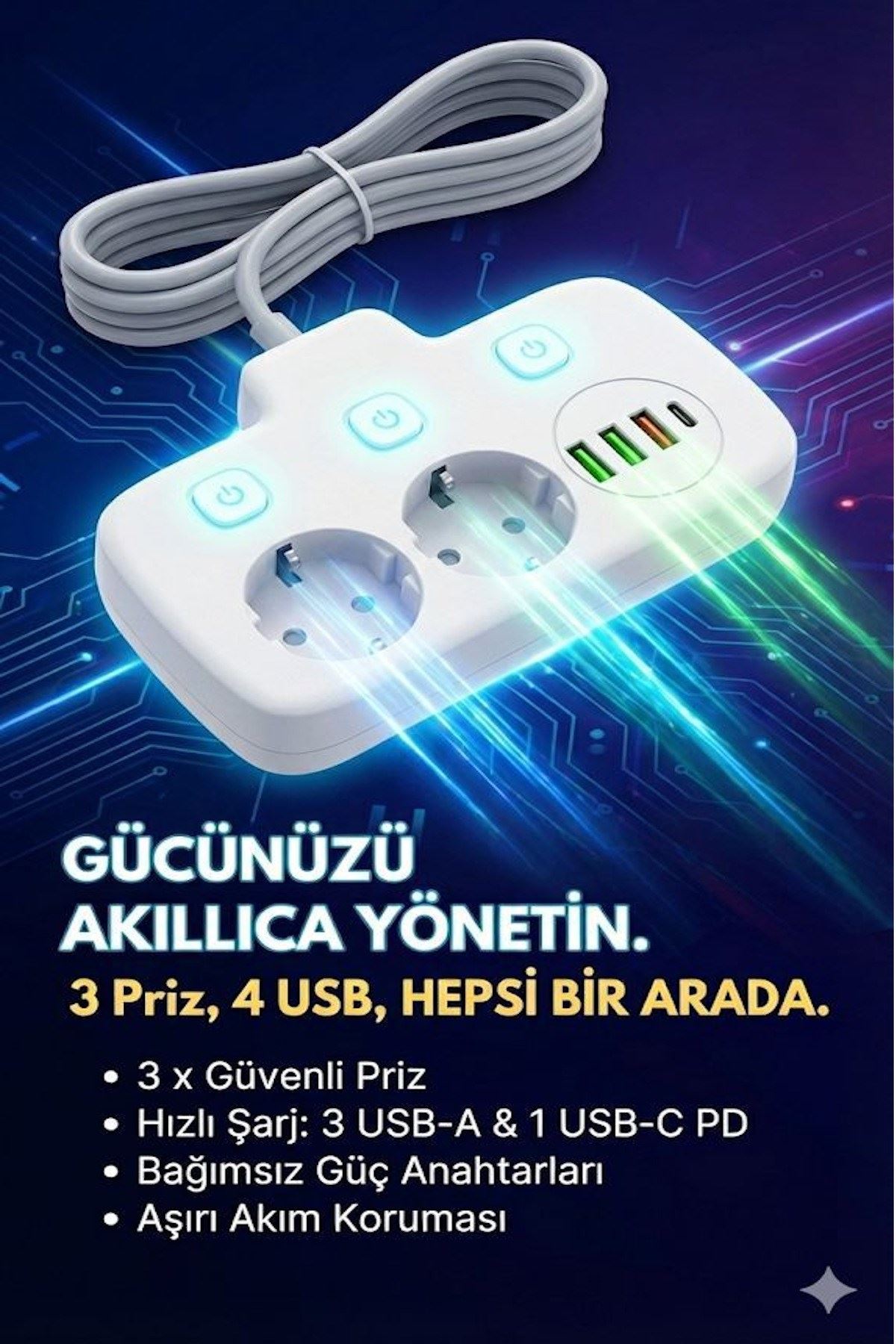 Akım Korumalı 2500W Güçlü 3 USB + Type-C Portlu Çoklu Priz | Hızlı Şarj, Çocuk Kilidi, 2 METRE