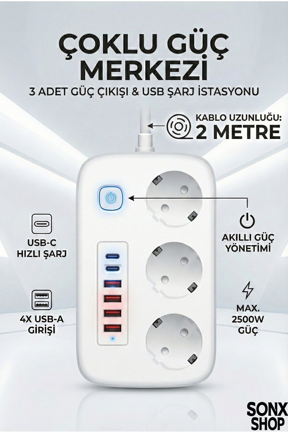 2500W Çoklu Priz 2 METRE – 3’lü AC Priz +5 USB Çıkışı AKIM KORUMALI Alev Almayan Gövde,