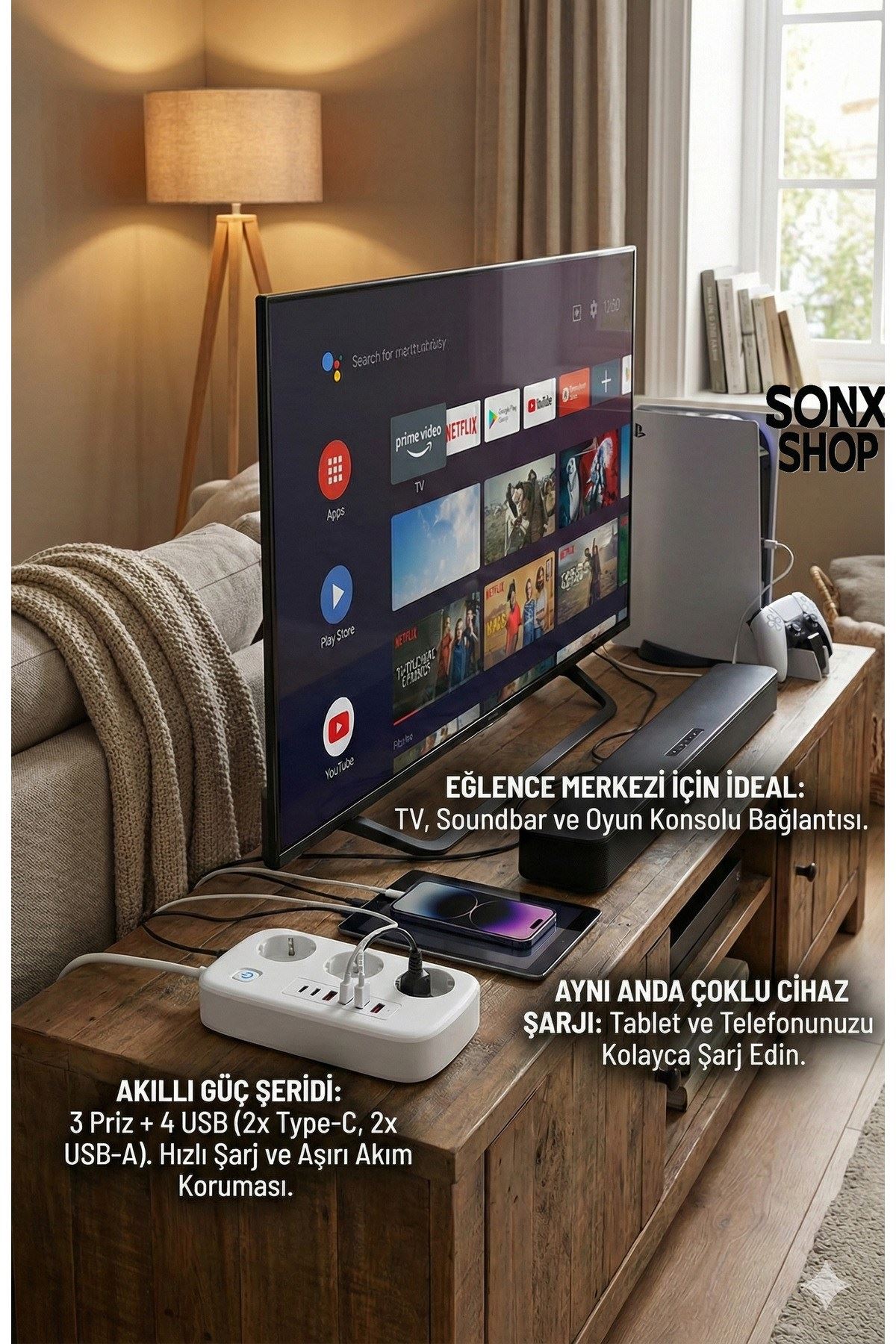 2500W Çoklu Priz 2 METRE – 3’lü AC Priz +5 USB Çıkışı AKIM KORUMALI Alev Almayan Gövde,