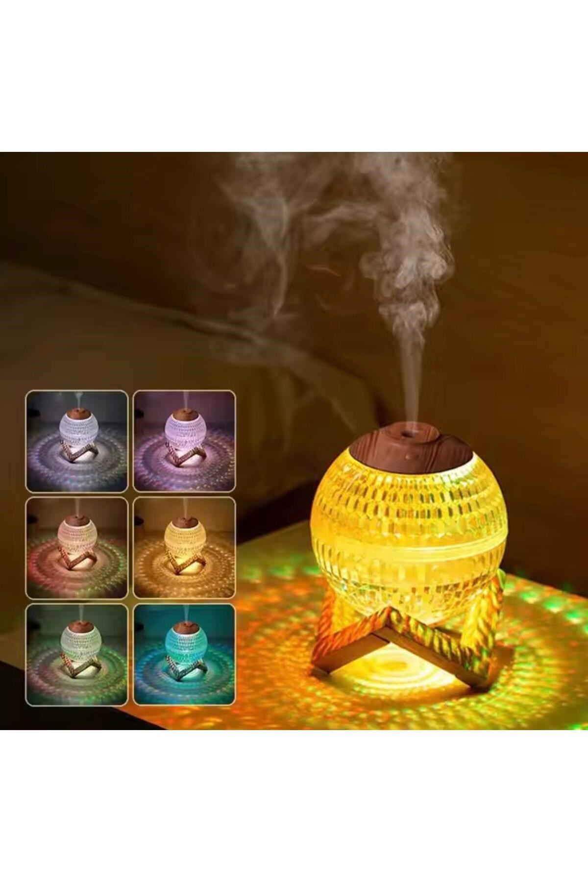 Renkli Kristal Küre Tasarımlı LED Işıklı Hava Nemlendirici – Sessiz Çalışma ve Ahşap Desenli Kapak